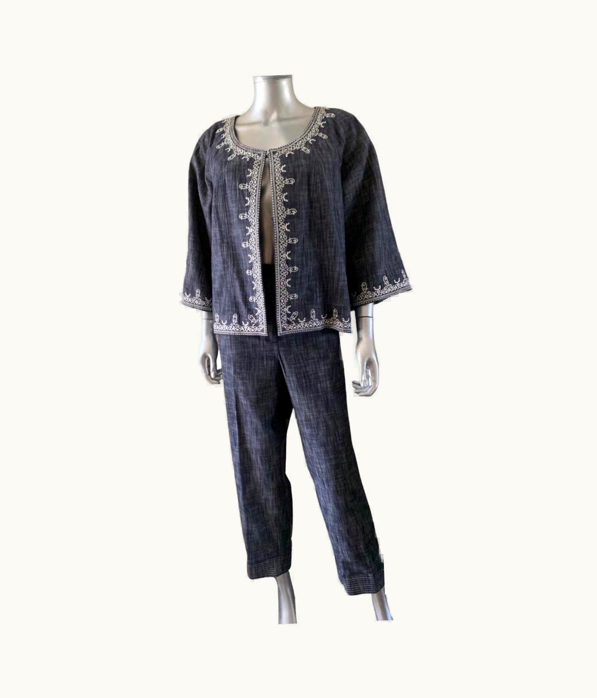 Oscar De La Renta Oscar De La Renta 3 Pc Embroidered Denim Suit Jacket, Skirt & Pant S/S14