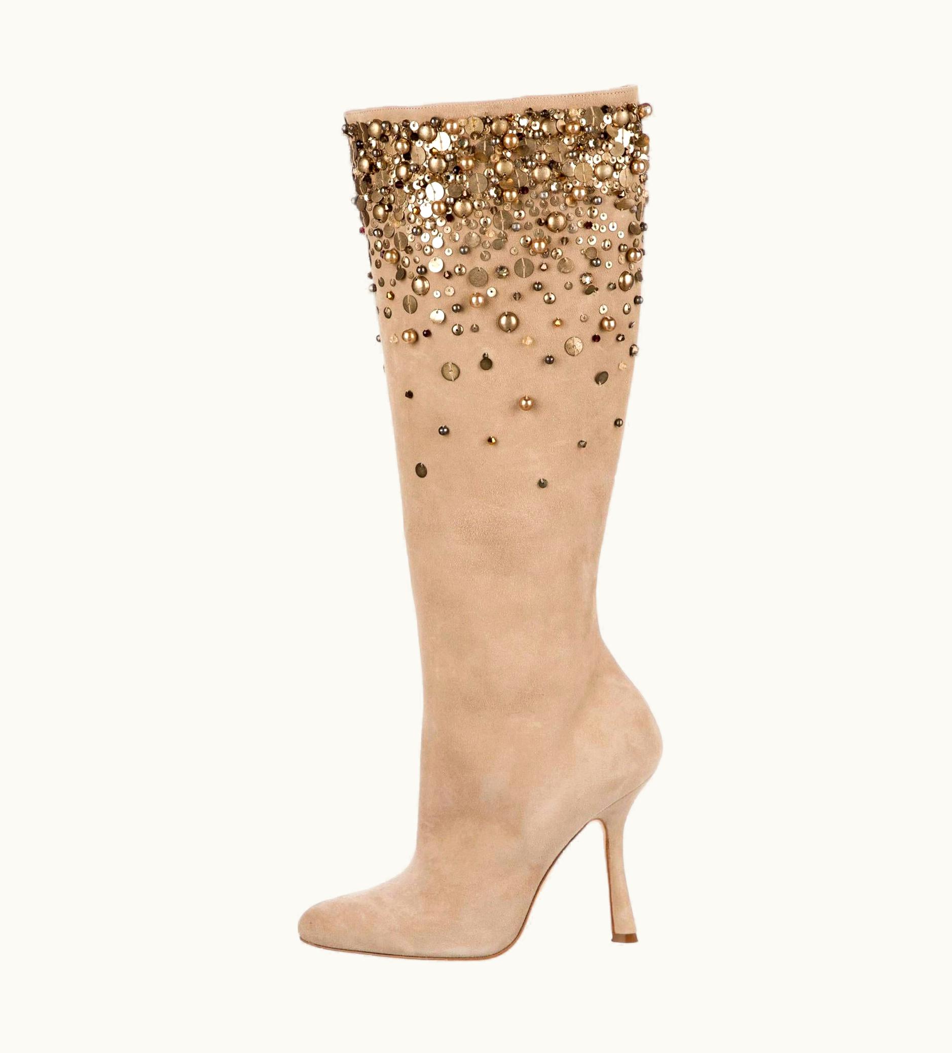 Oscar De La Renta Oscar De La Renta *Love Ric* Embellished Beige Suede Boots It 36 - Us