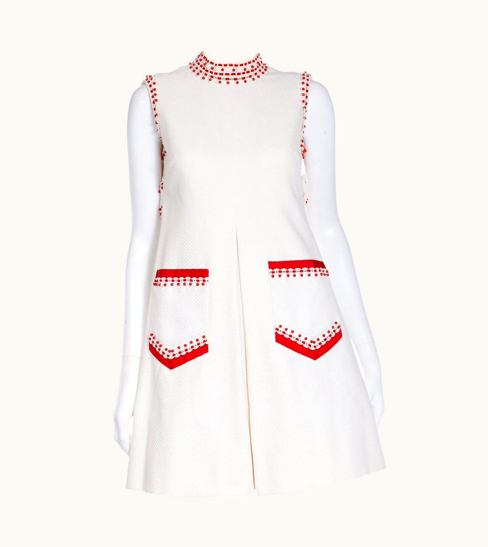 Oscar De La Renta 1960s Oscar De La Renta Beaded Off White Pique Cotton Mini Dress W Red Beadwork