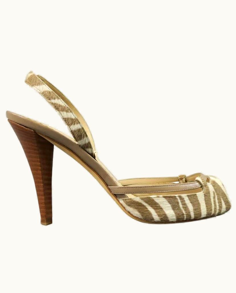 Oscar De La Renta Oscar De La Renta 8.5 Off White & Taupe Zebra Tiger Pony Hair Sling Back Pumps
