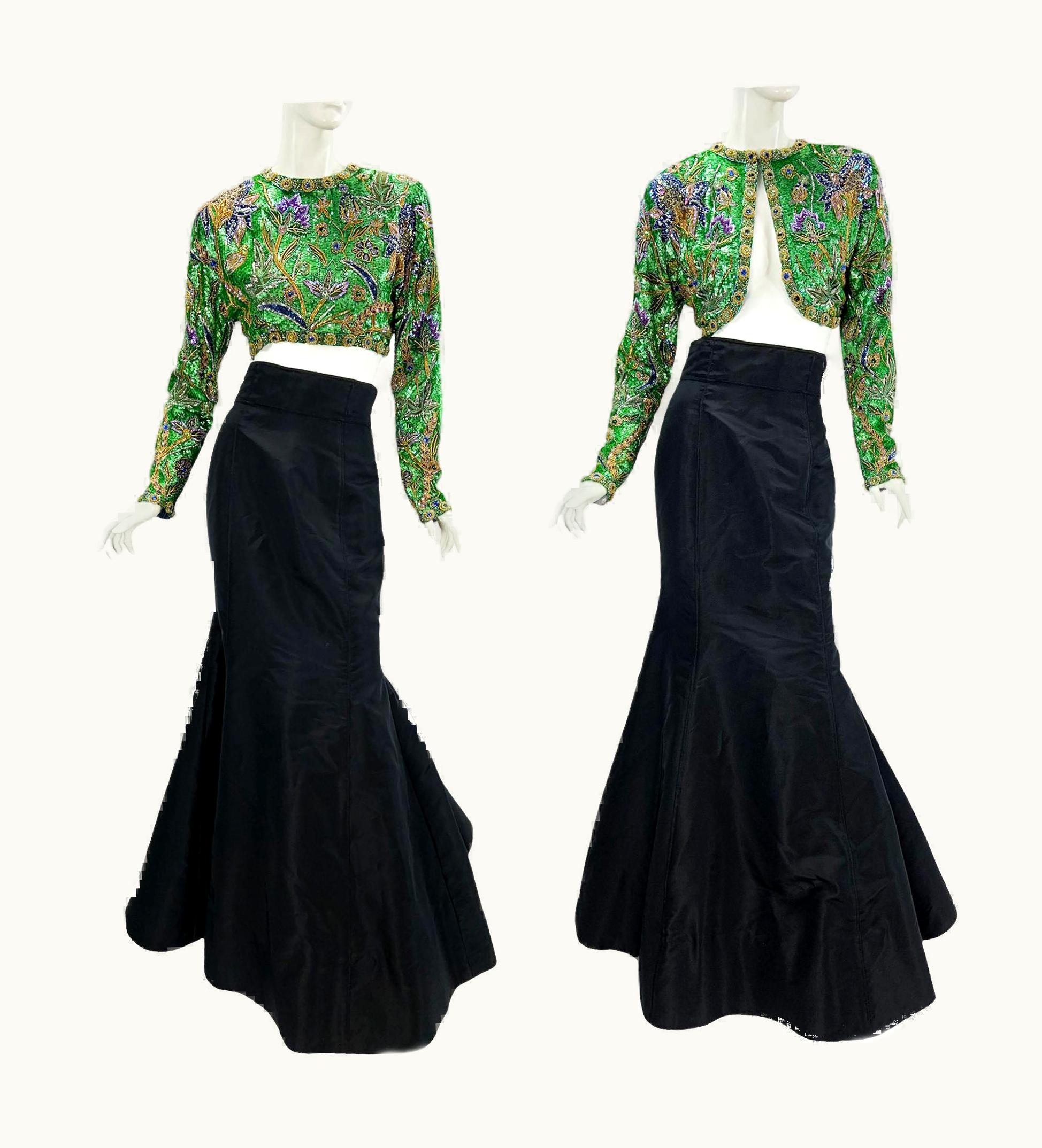 Oscar De La Renta Vintage 80' Oscar De La Renta Fully Beaded Bolero Top + Silk Taffeta Skirt Set