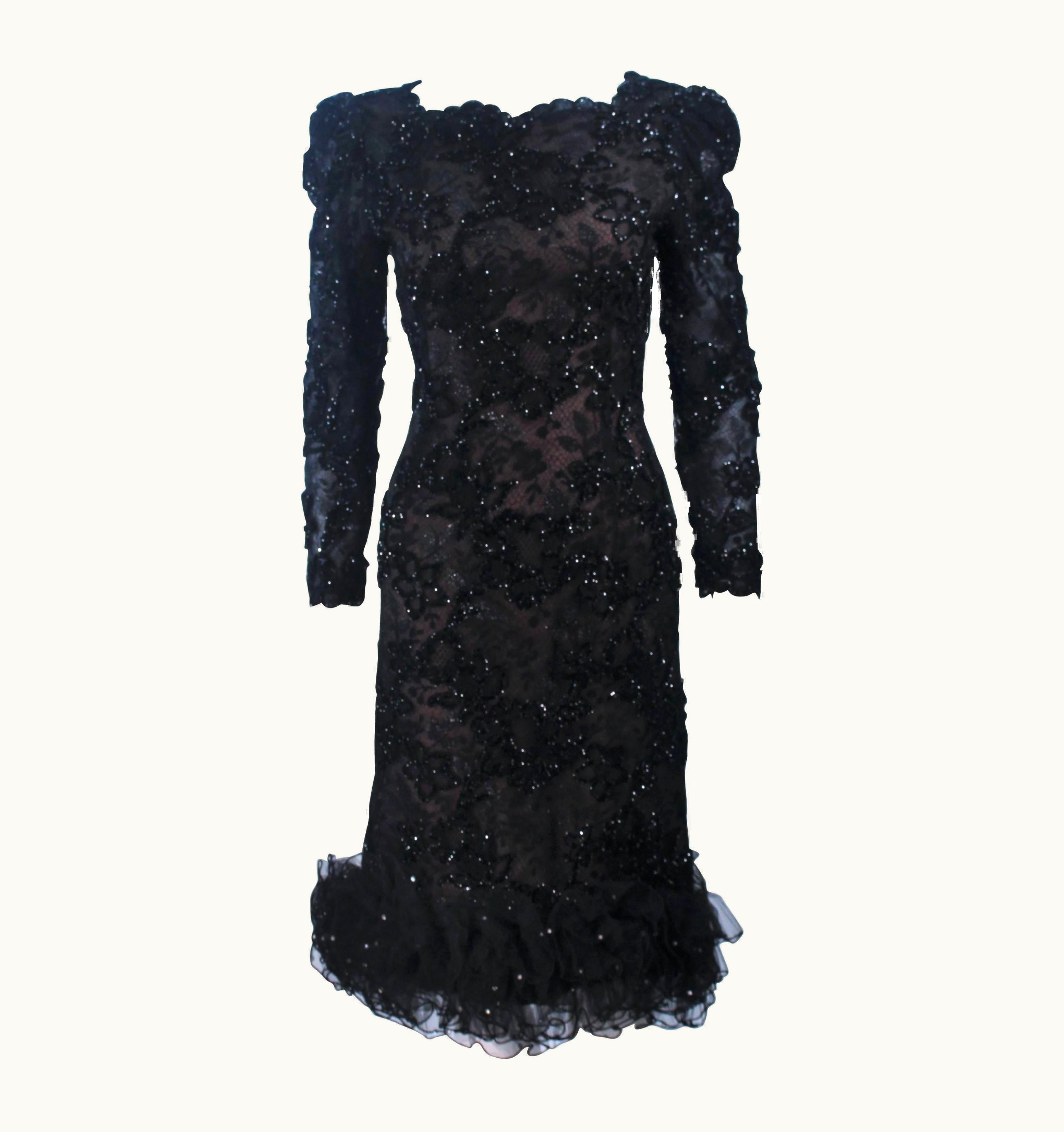 Oscar De La Renta Oscar De La Renta Black Lace Cocktail Dress Ruffled Hem And Rhinestones -8