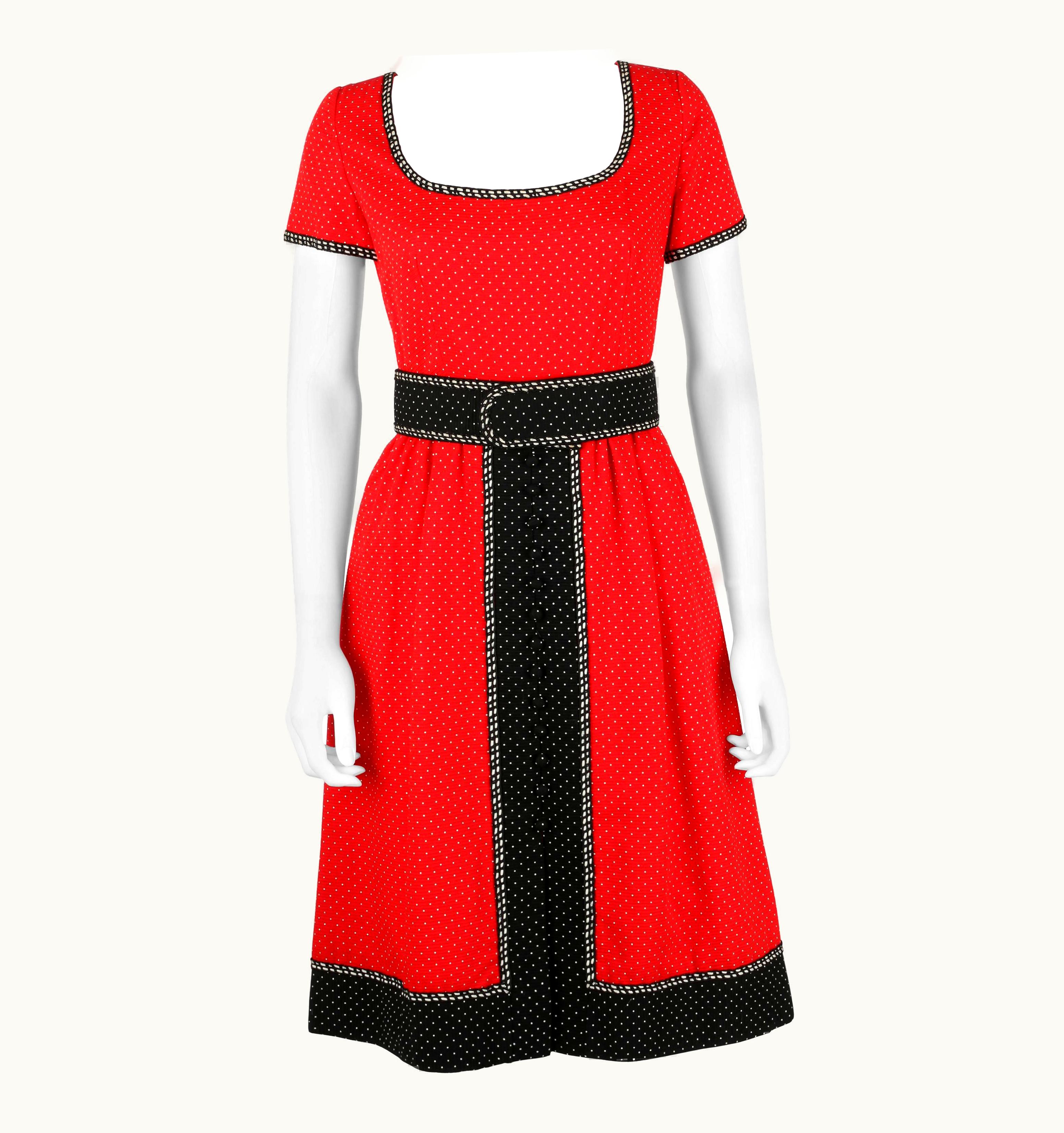 Oscar De La Renta 1960' Early Oscar De La Renta Boutique Red Polka Dot Short Sleeve Dress + Belt