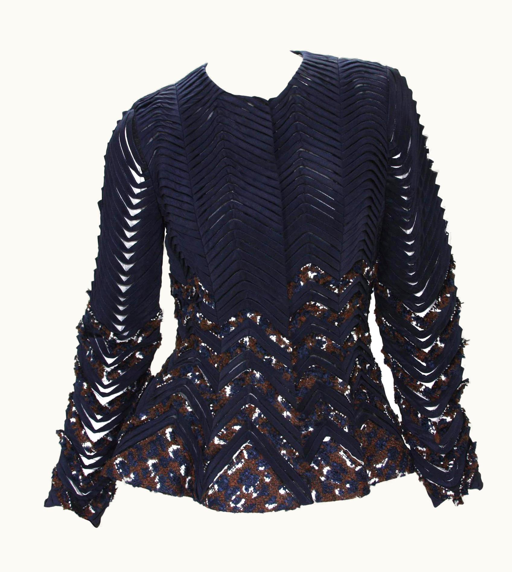 Oscar De La Renta Oscar De La Renta Zig-Zag Sheer Navy Blue Ribbon Peplum Jacket Us