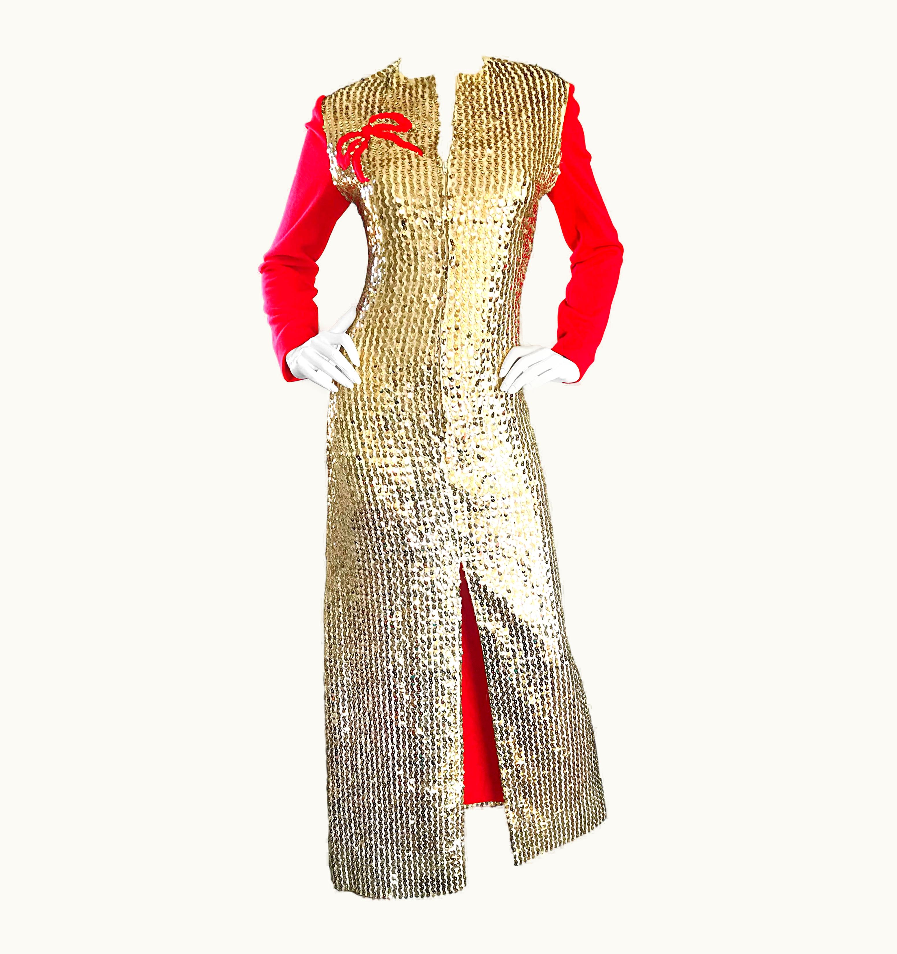 Oscar De La Renta 1960s Oscar De La Renta Gold And Red Ribbon Silk Sequin Vintage 60s Gown Dress