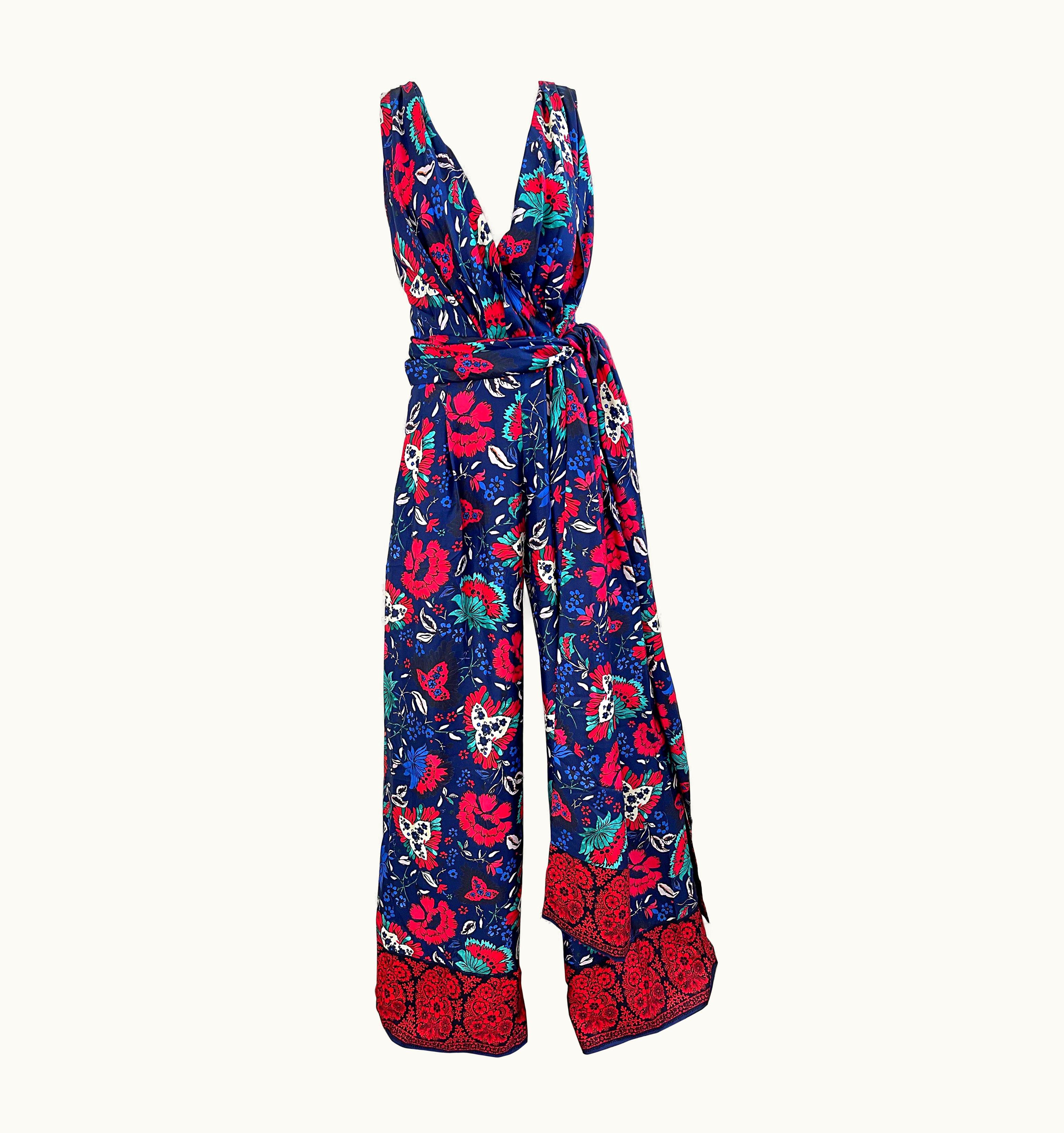 Oscar De La Renta Nwt Oscar De La Renta Silk Wide Leg Navy Blue Red Floral Jumpsuit