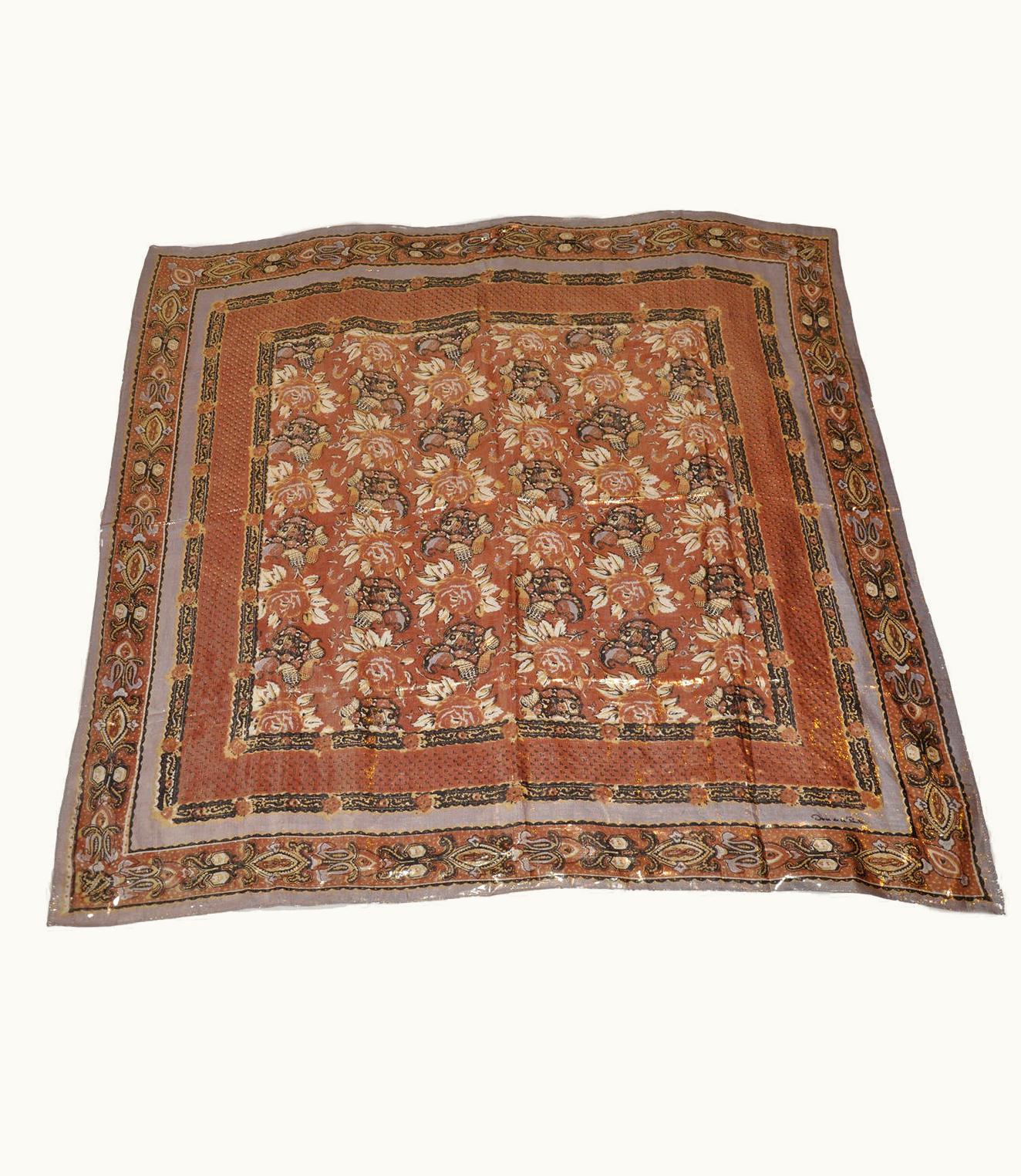 Oscar De La Renta Oscar De La Renta Large Multi-Color Browns With Metallic Gold Lame Silk Scarf