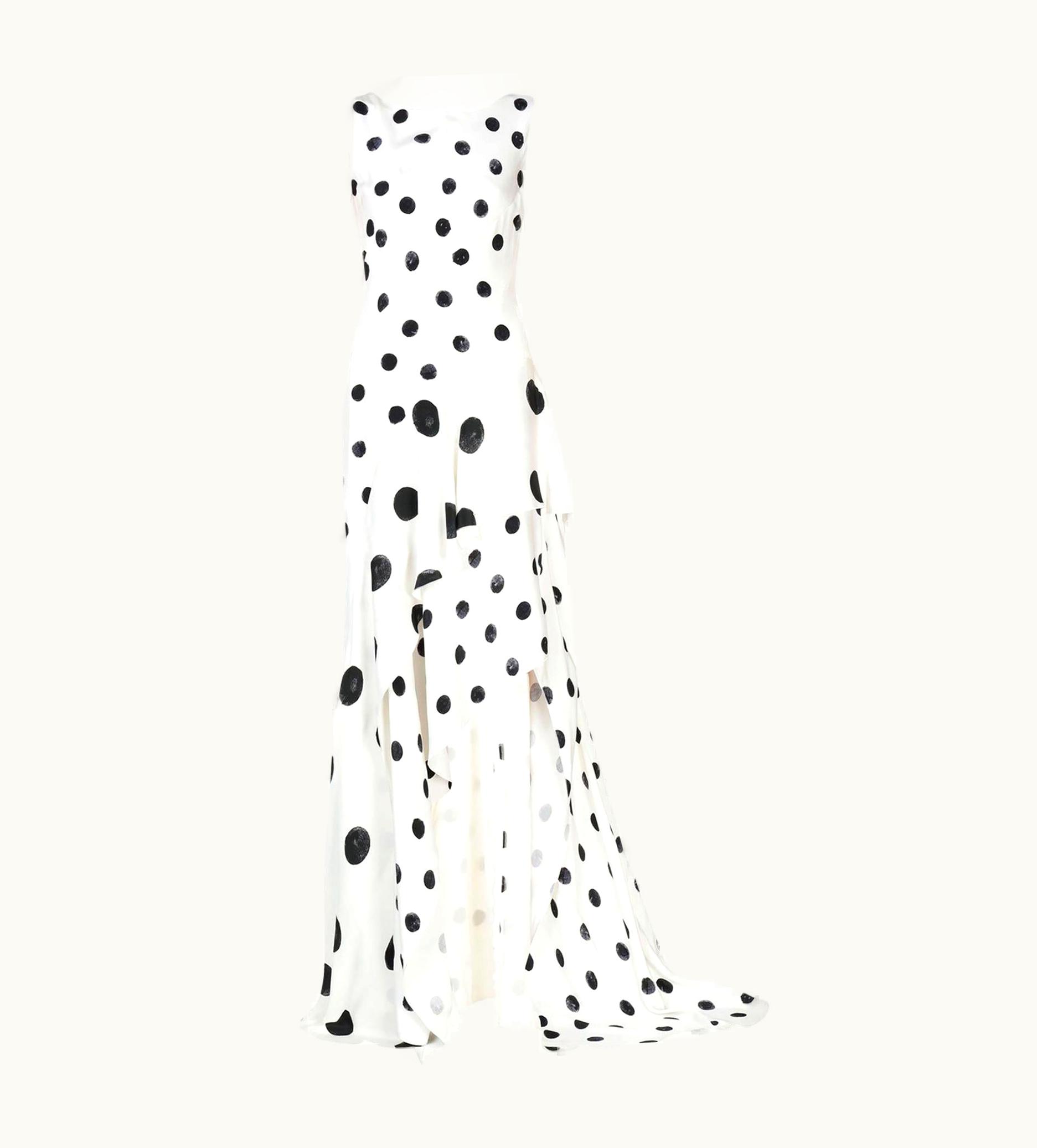 Oscar De La Renta Oscar De La Renta White Polka Dot Silk Crepe Tiered Skirt Dress Gown