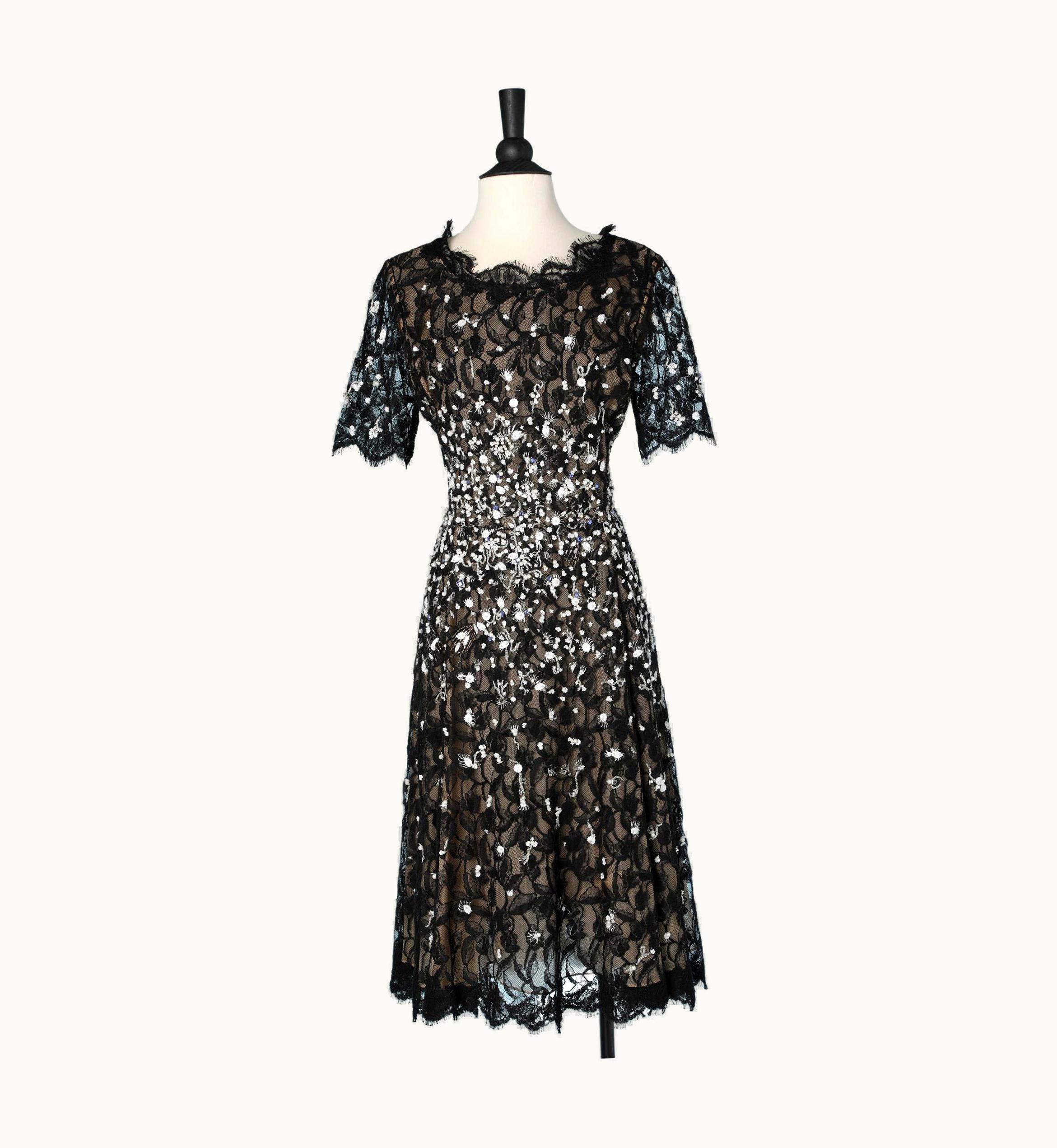 Oscar De La Renta Fully Embroidered Cocktail Dress On A Black Lace Base Oscar De La Renta