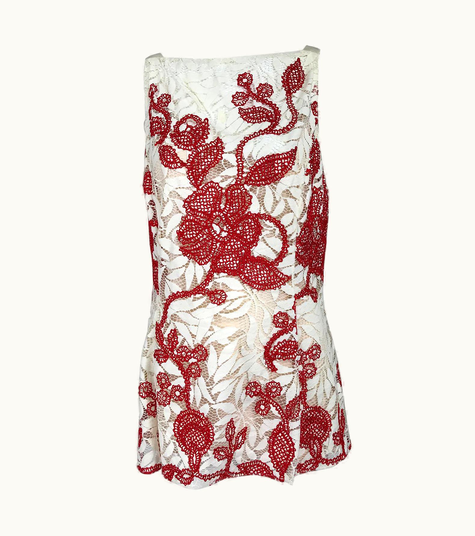 Oscar De La Renta Oscar De La Renta Red And White Lace Tunic Top