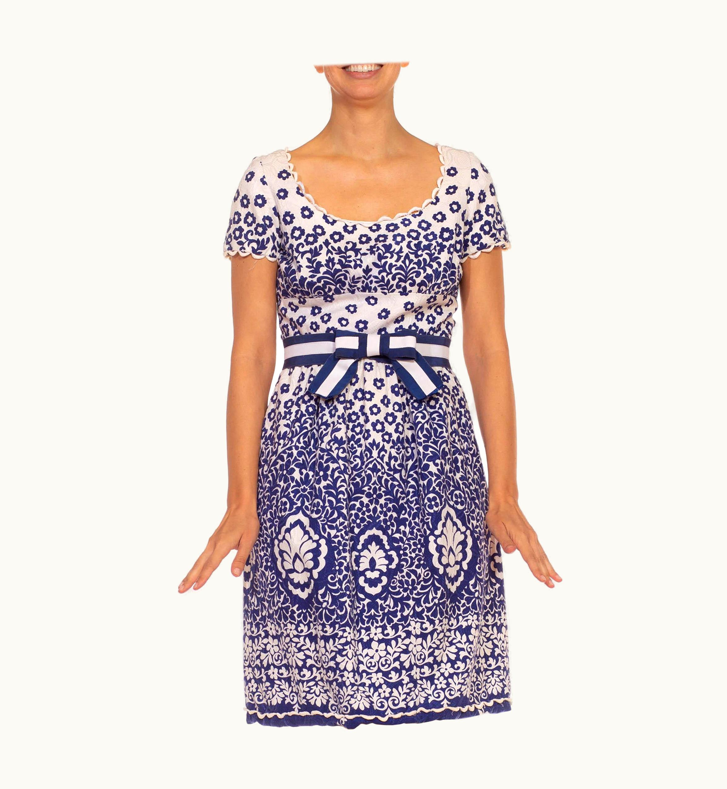 Oscar De La Renta 1960s Oscar De La Renta Navy Blue & White Floral Mod Cocktail Dress