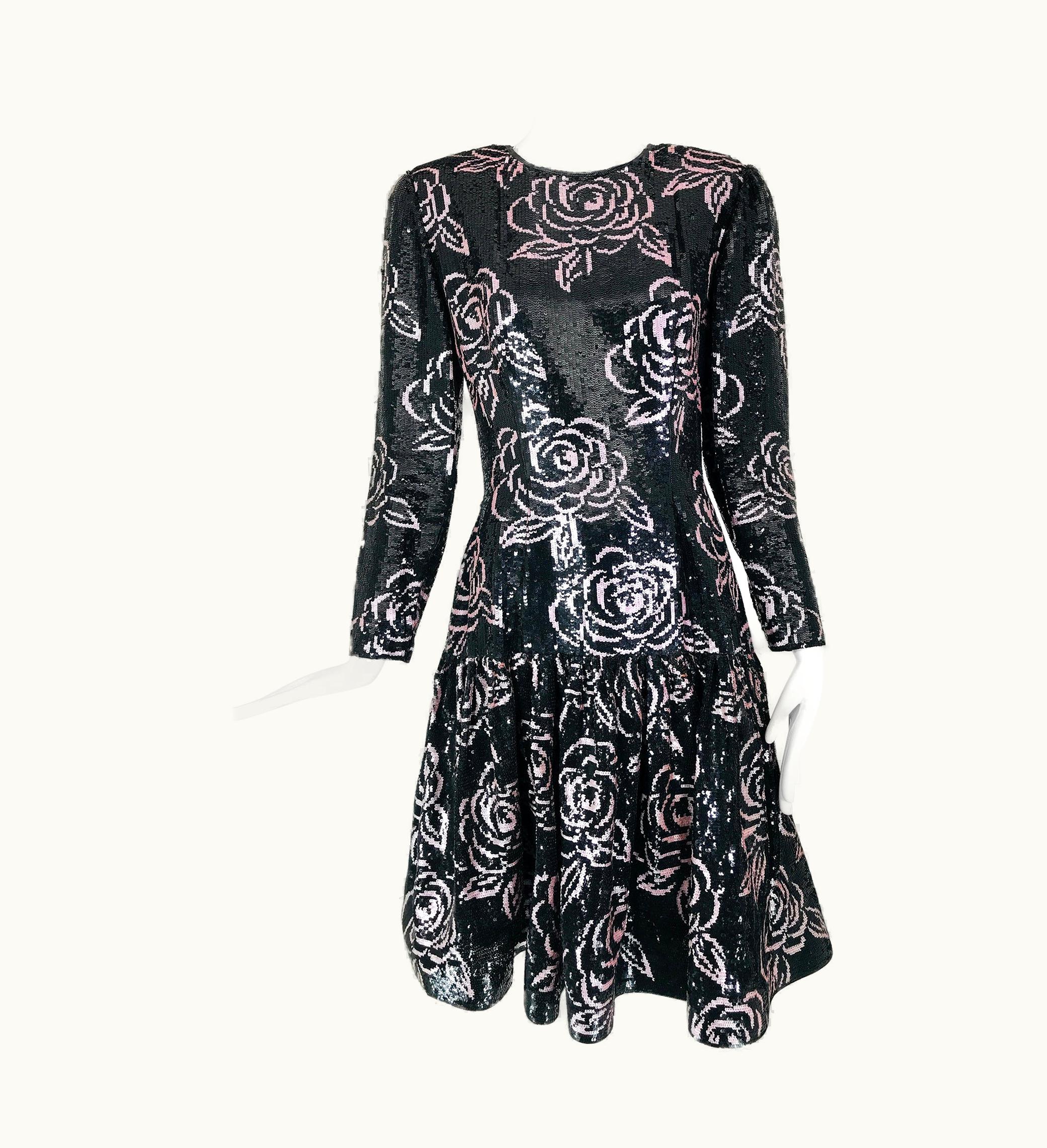 Oscar De La Renta Oscar De La Renta Black & Pink Sequin Encrusted Roses Evening Dress 1980s