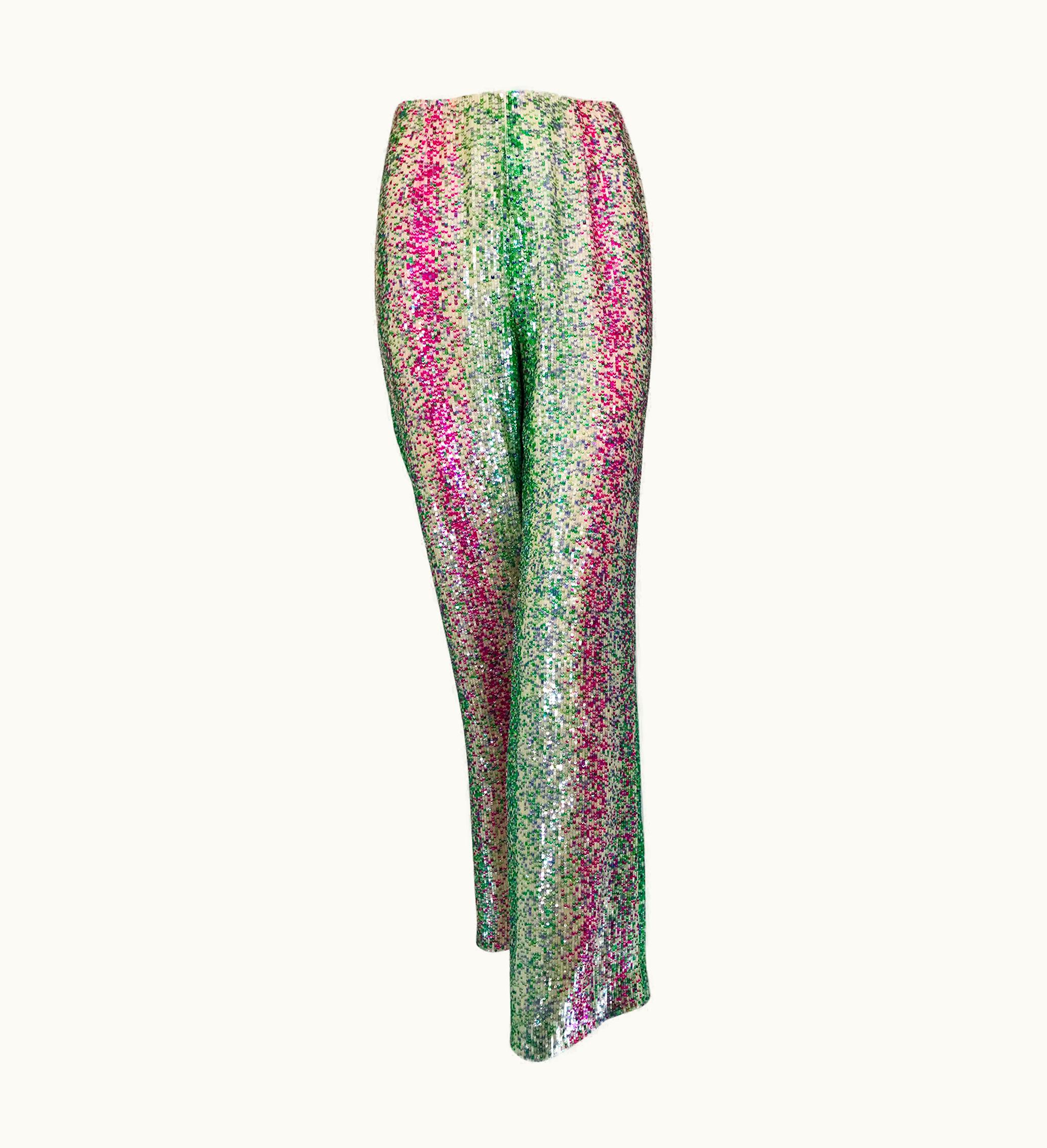 Oscar De La Renta Oscar De La Renta Sequin & Silk Narrow Leg Trouser Magenta, Blue, Green 1990s