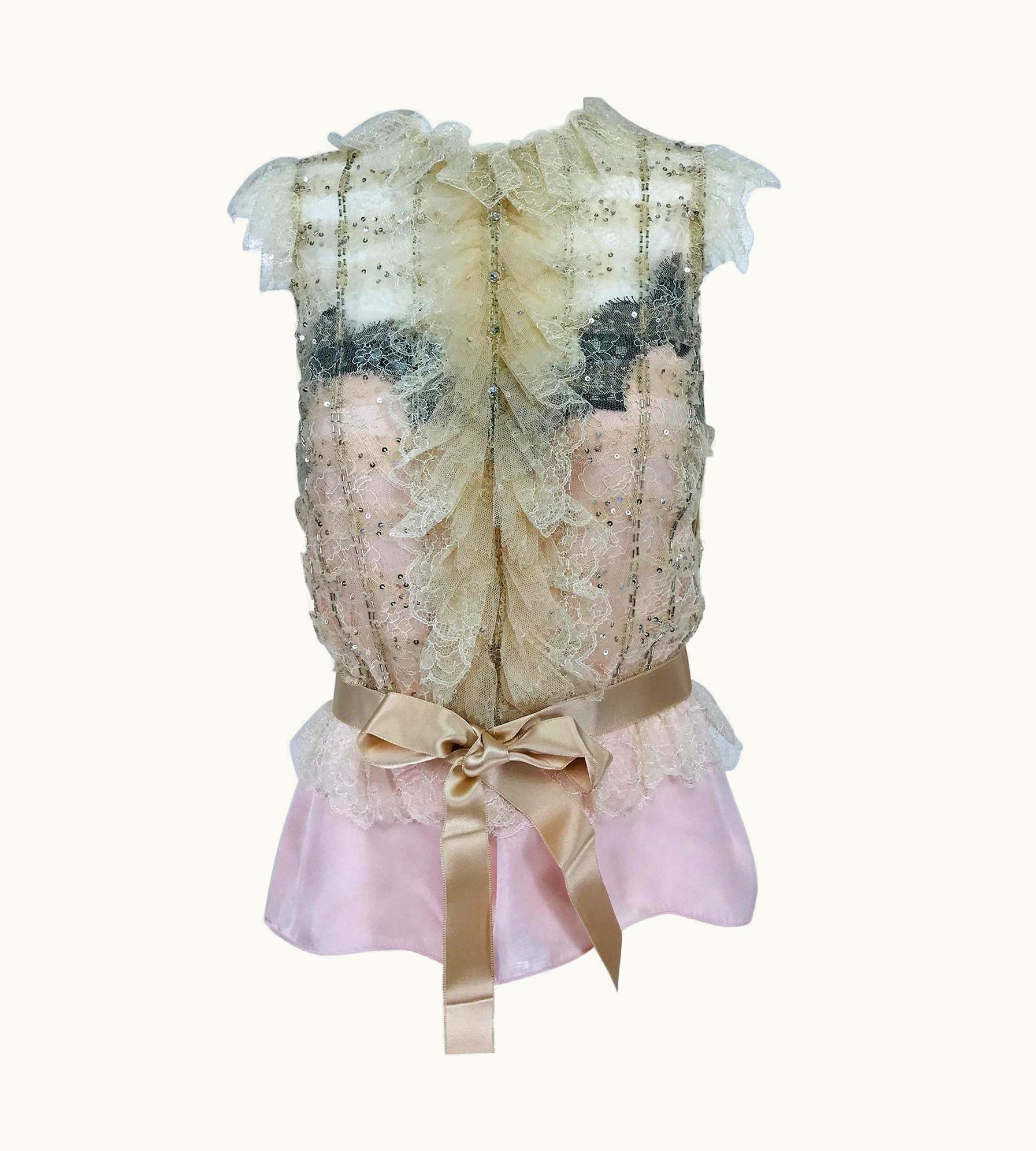 Oscar De La Renta Oscar De La Renta Pink Cream Sequin Lace Top & Silk Camisole Unworn With Tags