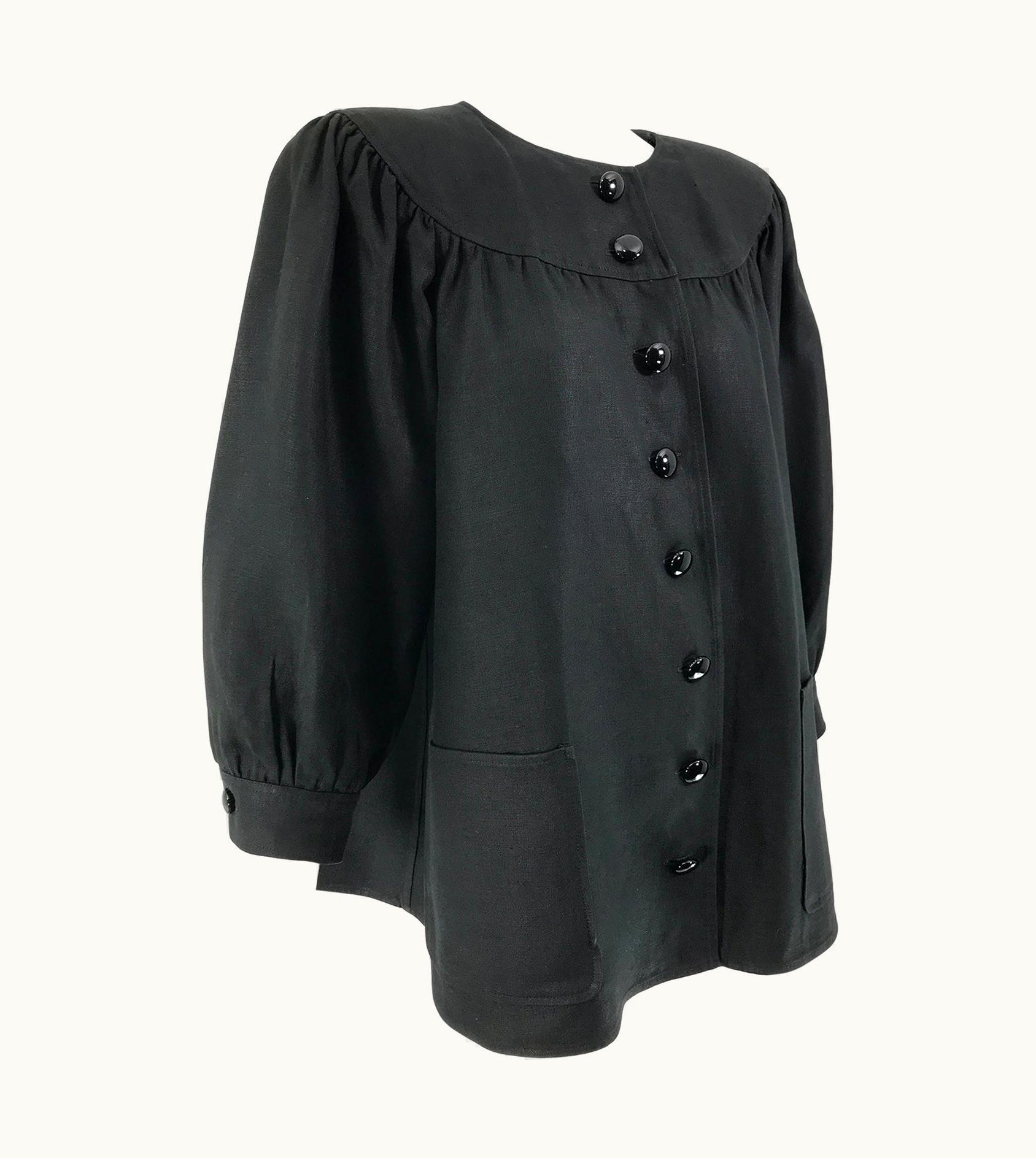 Oscar De La Renta Oscar De La Renta Black Linen Button Front Full Sleeve Hip Pocket Jacket 1980s