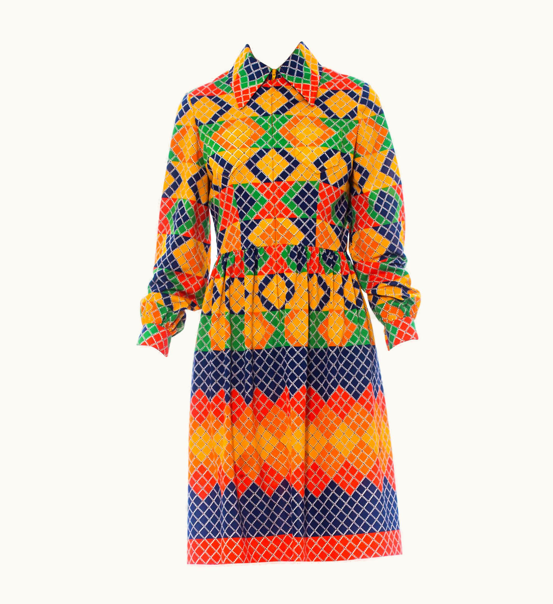 Oscar De La Renta 1960s Oscar De La Renta Multicolor Polyester Jersey Mod Geometric Shirt Dress