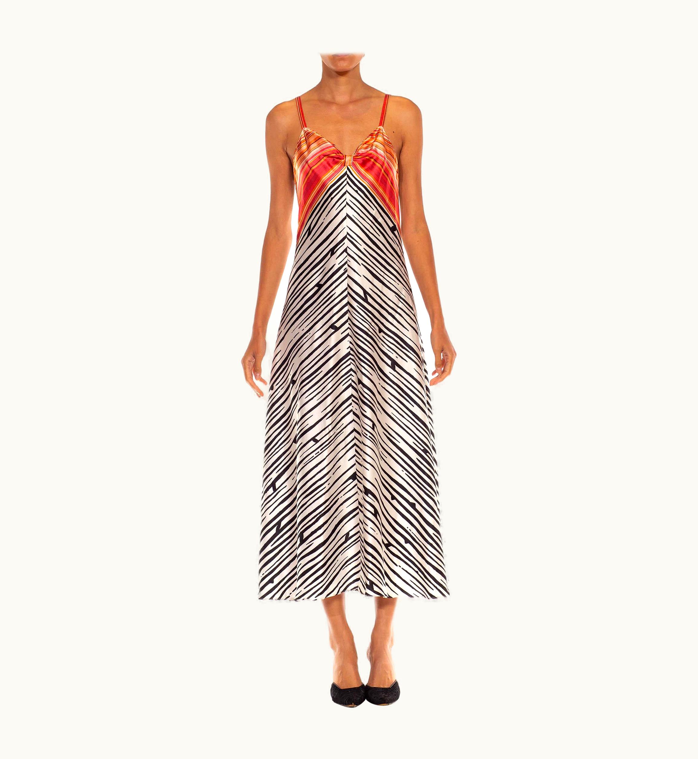 Oscar De La Renta 1990s Oscar De La Renta Orange, Black & White Polyester Satin Stripe Slip Dress