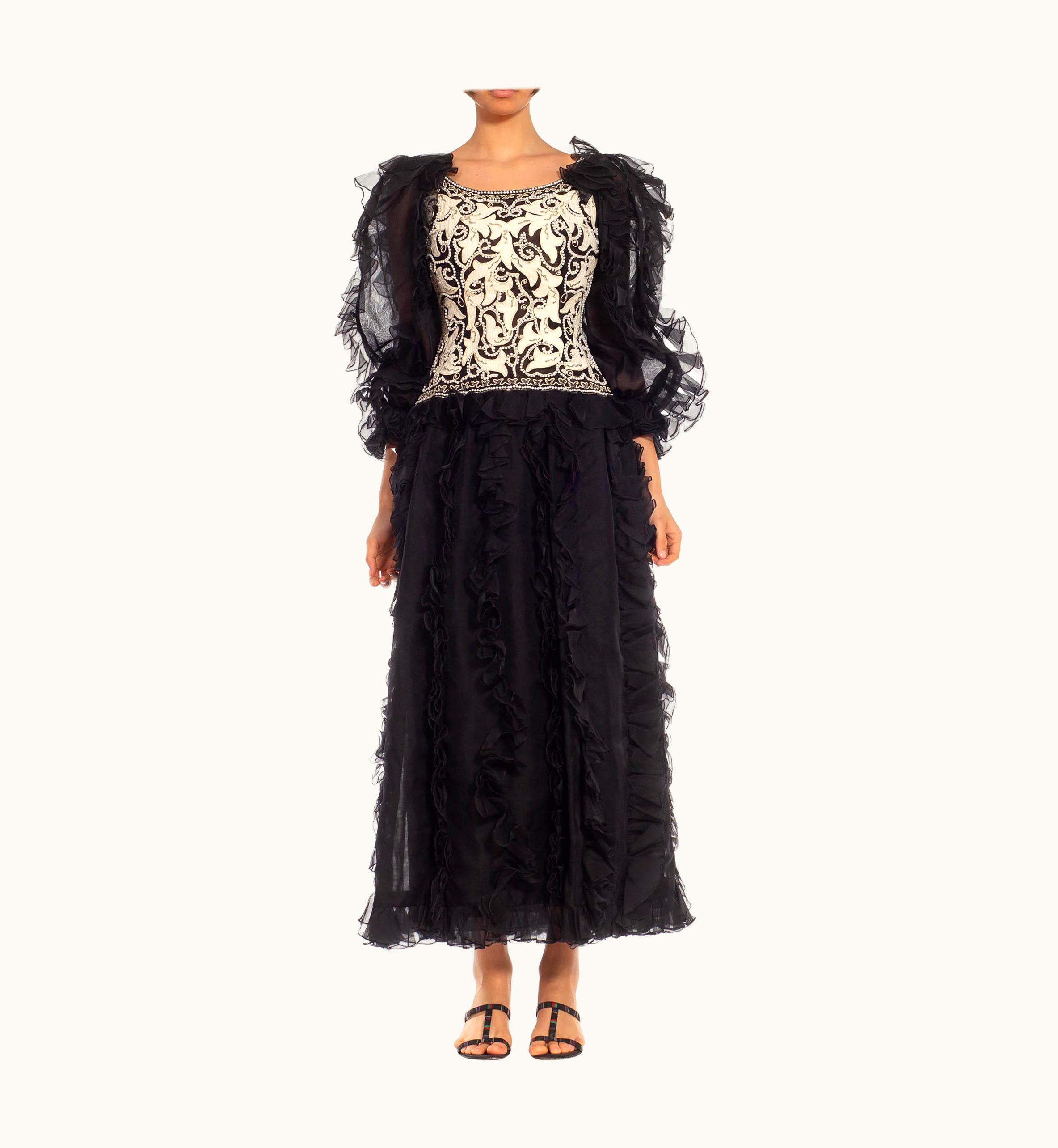 Oscar De La Renta 1980s Oscar De La Renta Black & White Silk Beaded Ruffle Gown With Giant Sleeves