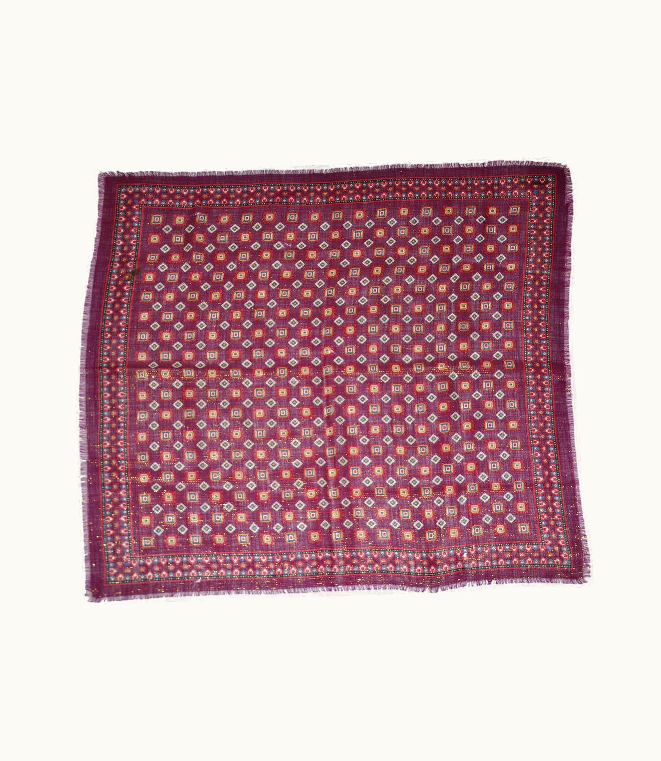 Oscar De La Renta Oscar De La Renta Burgundy Wool Challis With Fringe & Metallic Accent Scarf