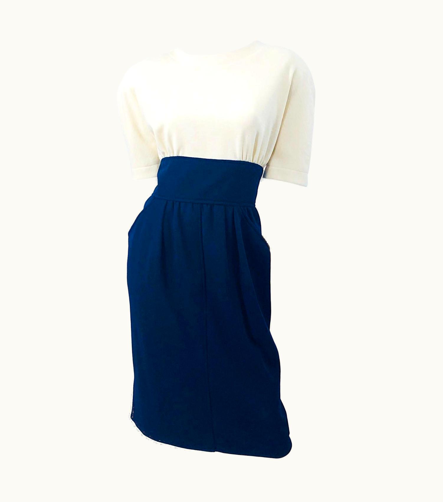 Oscar De La Renta Vintage Oscar De La Renta S/S 12 1980s Navy Blue + Ivory Wool 80s Dress