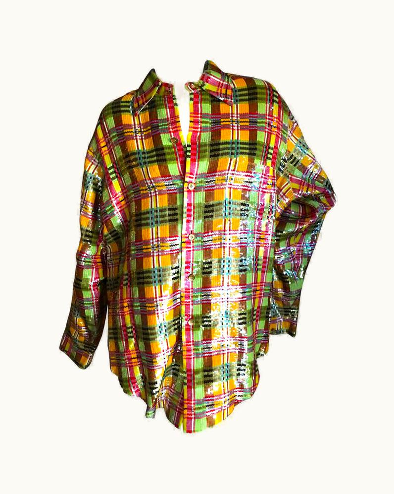 Oscar De La Renta Oscar De La Renta 1980 Plaid Silk Sequin Shirt Or Blouse Xxl Men'