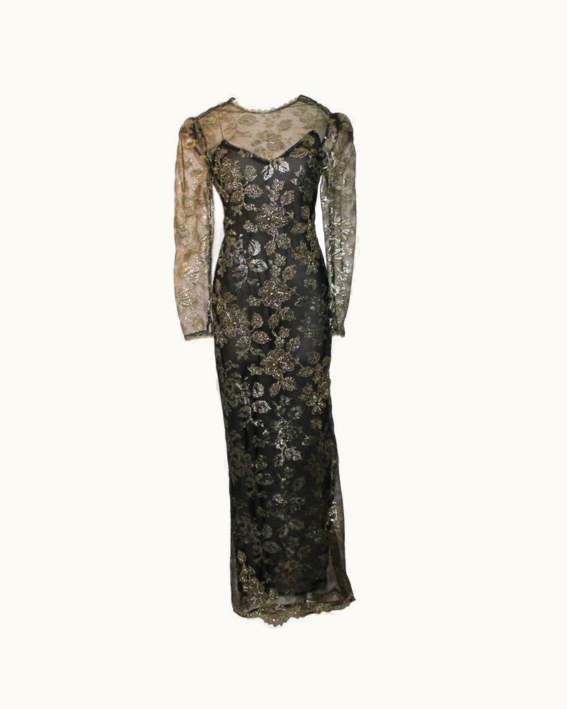 Oscar De La Renta Vintage Oscar De La Renta Black & Gold Lace Gown - Circa 90'