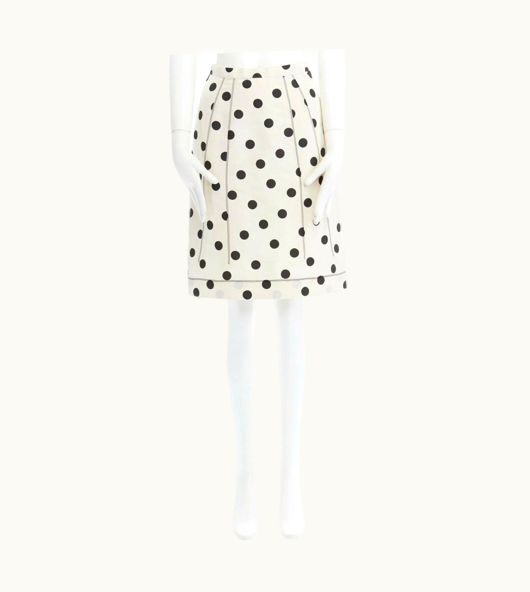 Oscar De La Renta Oscar De La Renta Cream Black Polka Dot Silk A-line Knee Length Skirt