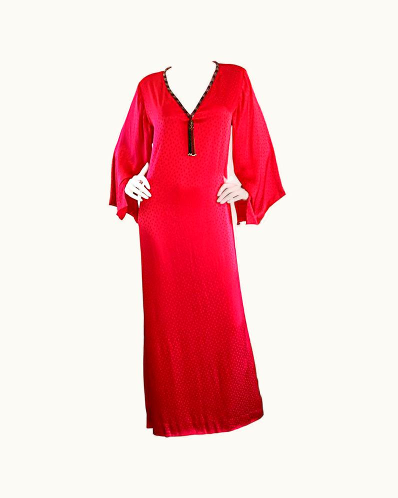 Oscar De La Renta Documented Vintage Oscar De La Renta 1982 Red Silk Beaded Caftan Maxi Dress