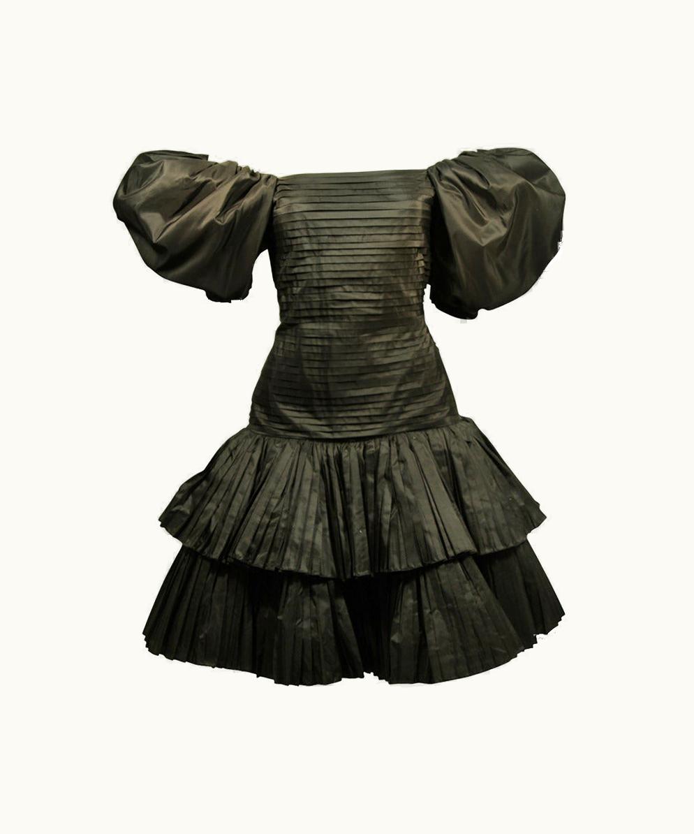 Oscar De La Renta Oscar De La Renta Black Pleated And Puff Sleeve Cocktail Dress