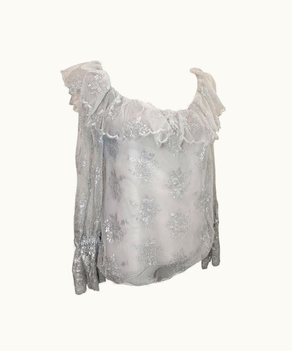 Oscar De La Renta Oscar De La Renta 1990' Vintage Silver Metallic Lace Blouse