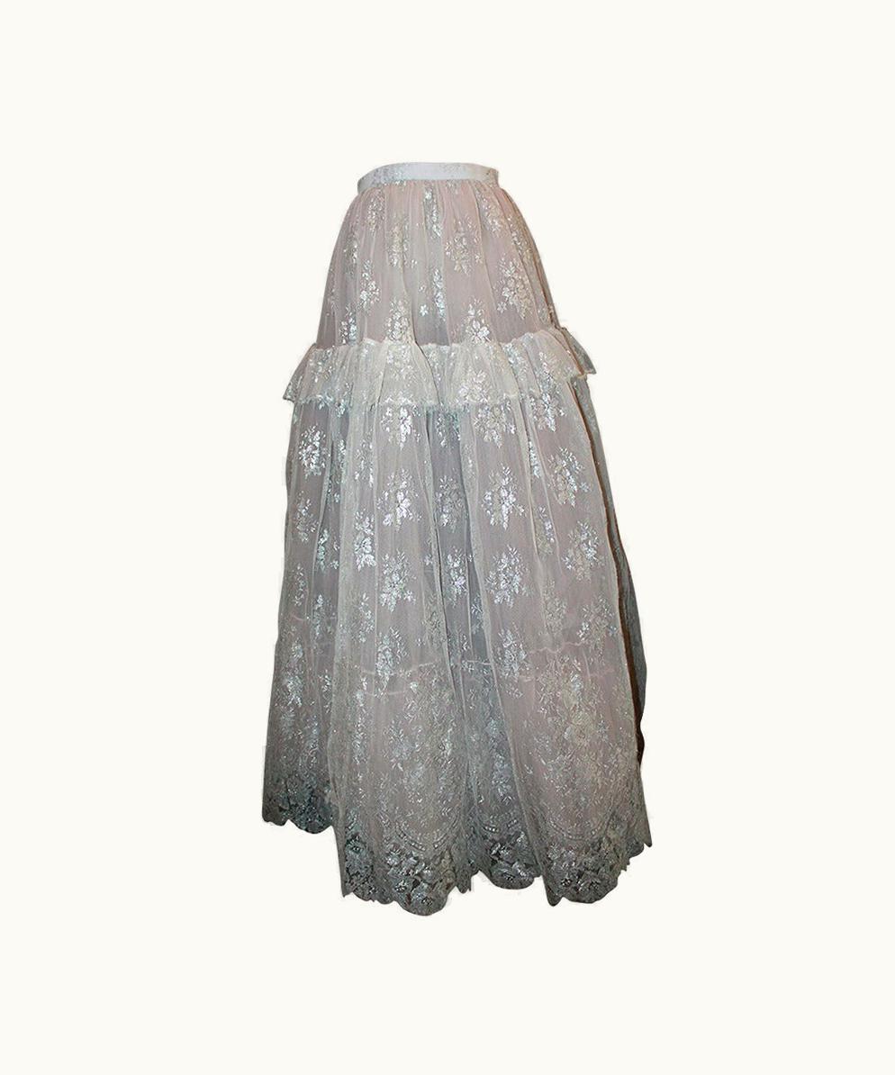 Oscar De La Renta Oscar De La Renta 1990' Vintage Silver Lace & Tulle Ball Skirt