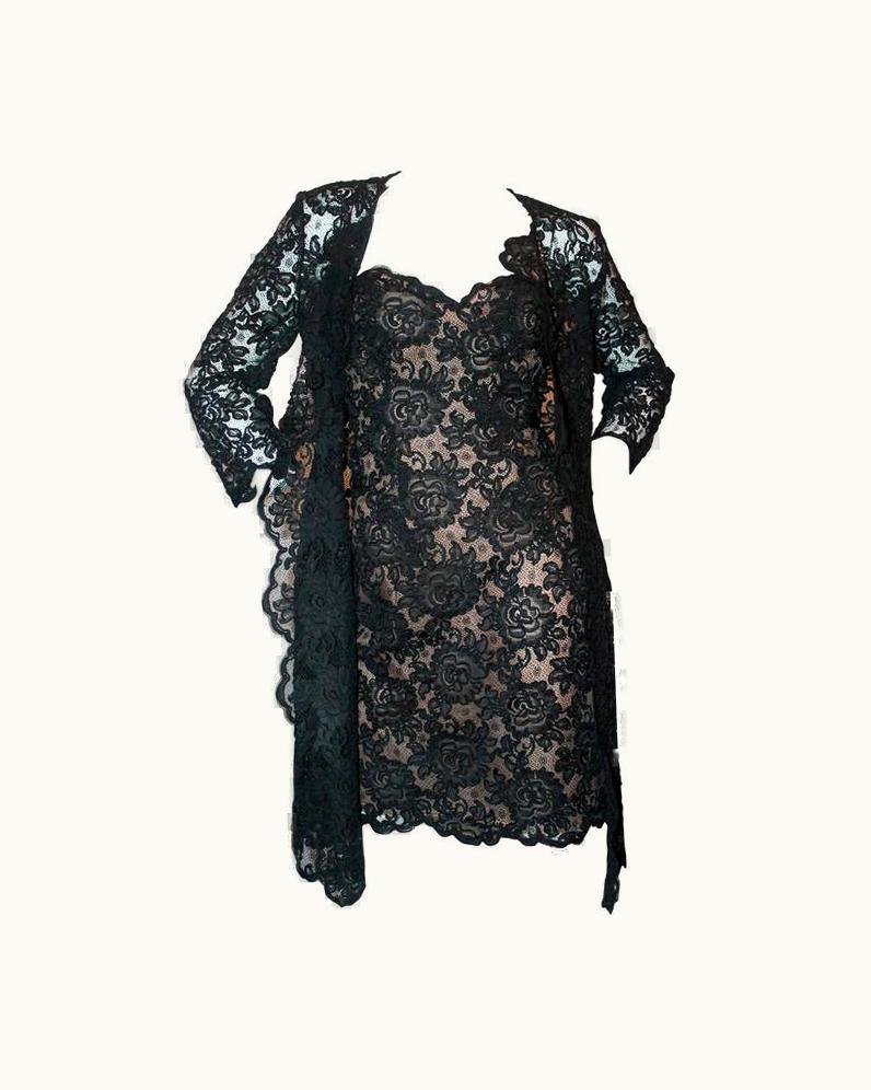Oscar De La Renta Oscar De La Renta 1990' Vintage Black Lace Soutache Dress & Coat