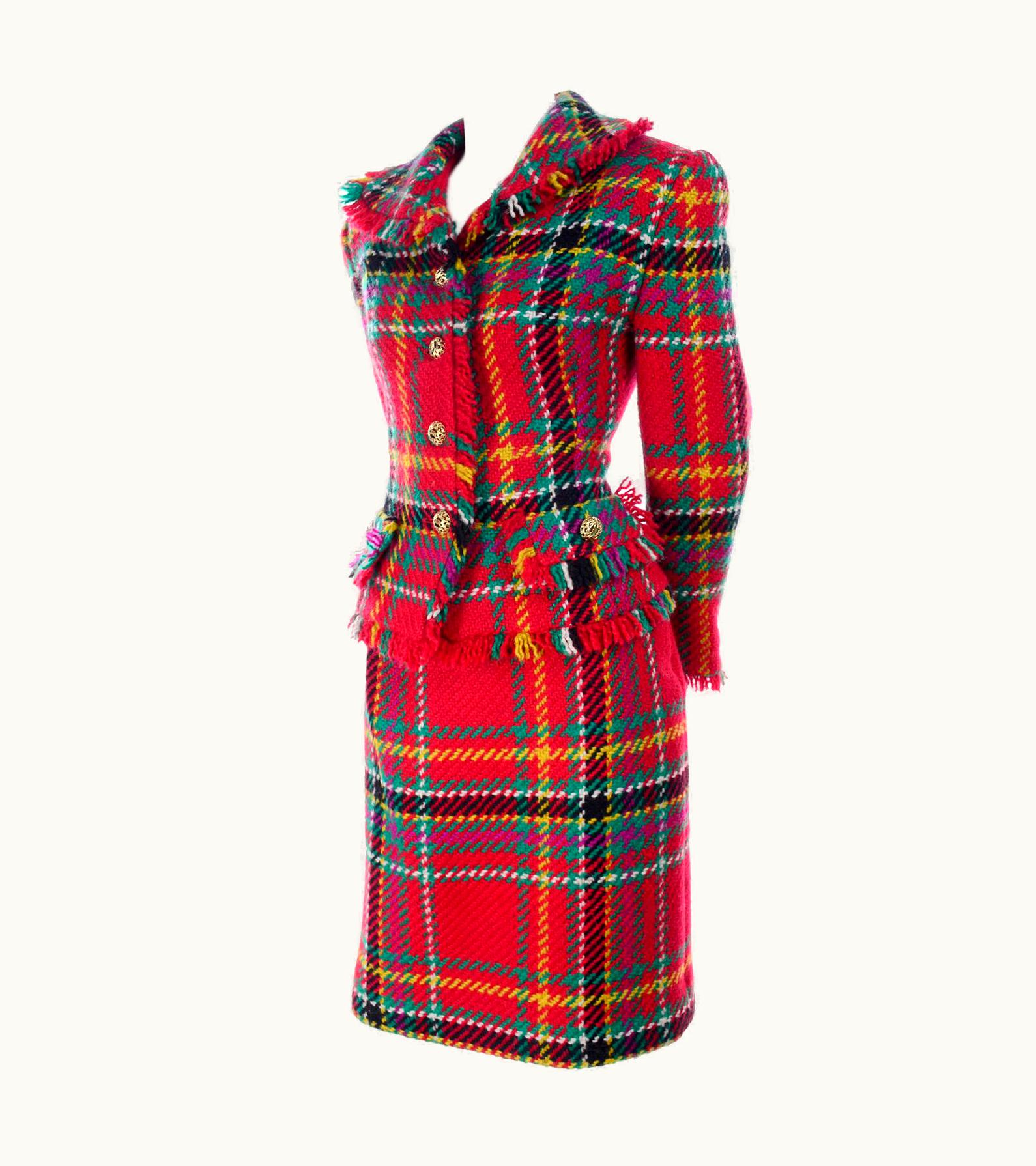 Oscar De La Renta Oscar De La Renta Fall Runway 1991 S/S 1992 Red Tartan Plaid Skirt & Jacket Suit