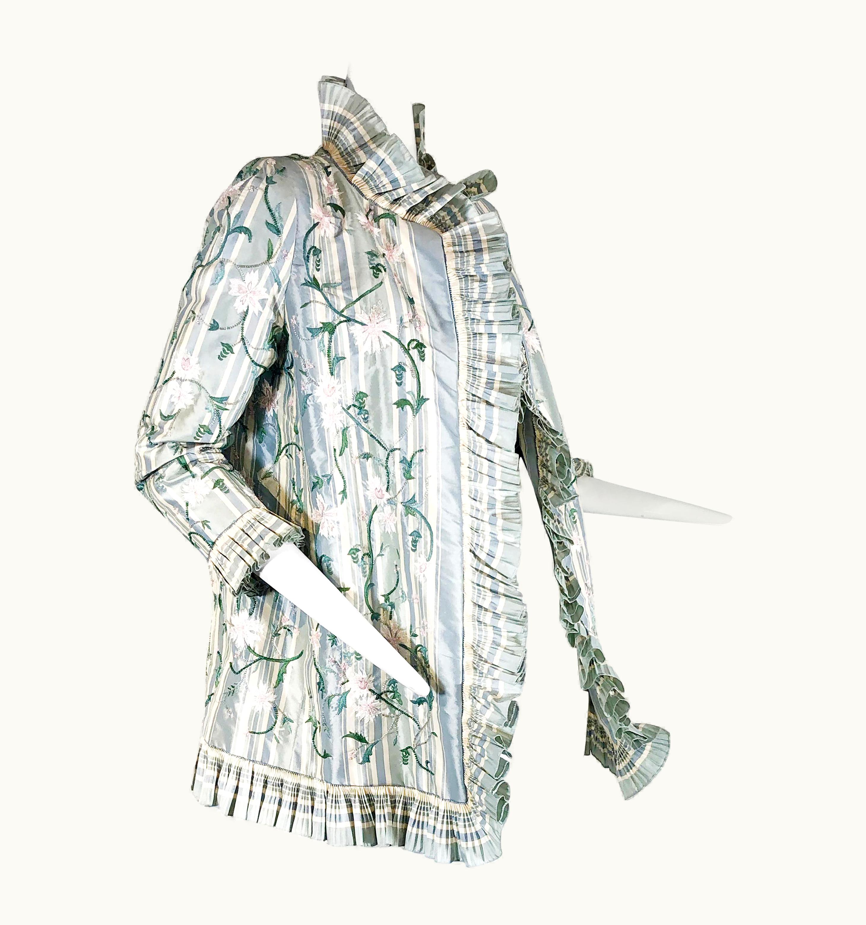 Oscar De La Renta 2000 Oscar De La Renta French Green Stripe Tissue Silk Floral Embroidered Jacket