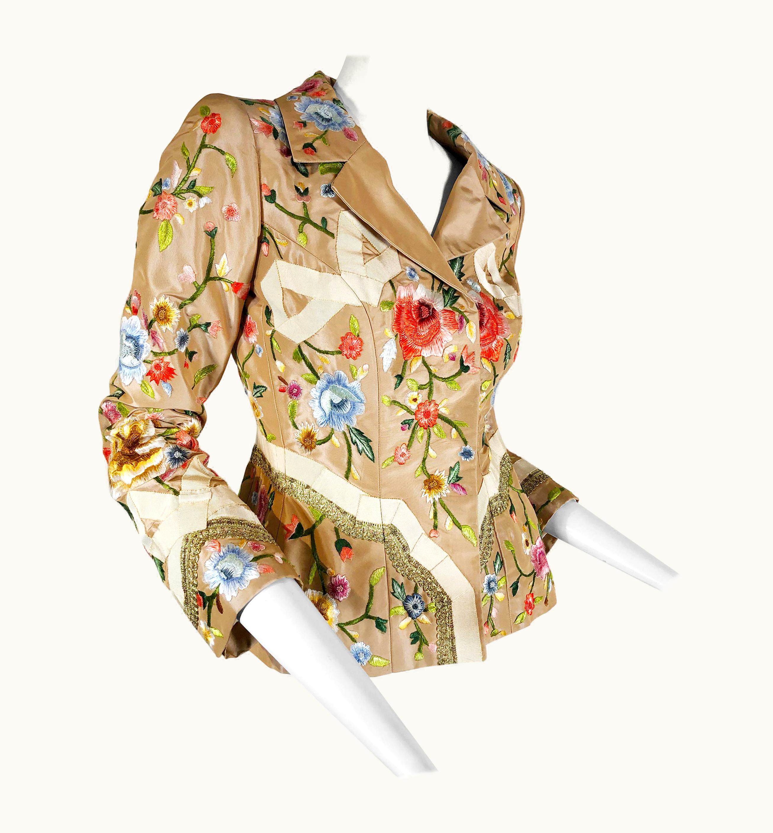 Oscar De La Renta 2000 Oscar De La Renta Poly Chrome Floral Embroidered Taupe Silk Jacket