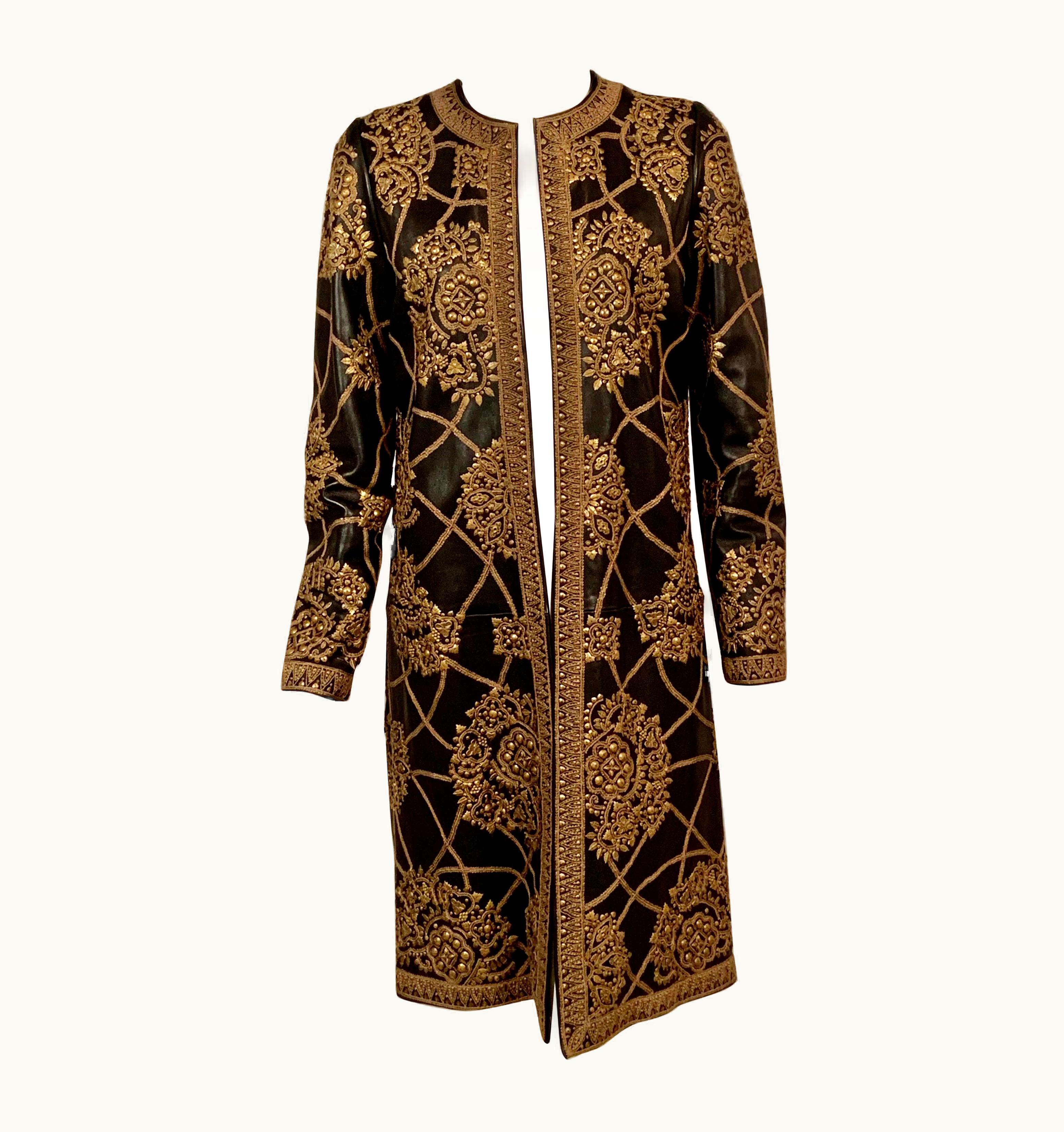 Oscar De La Renta Oscar De La Renta Lavishly Hand Beaded Black Lambskin Leather Coat