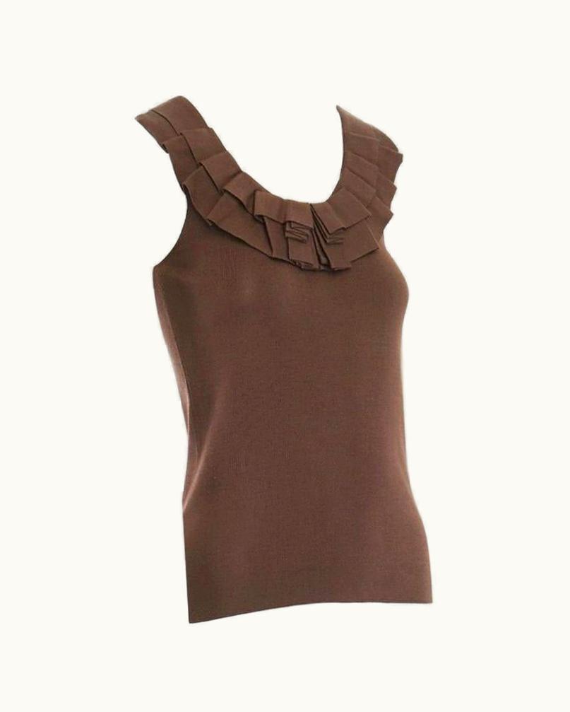 Oscar De La Renta Oscar De La Renta 2009 Silk Blend Brown Ruffle Pleated Neckline Knitted Vest