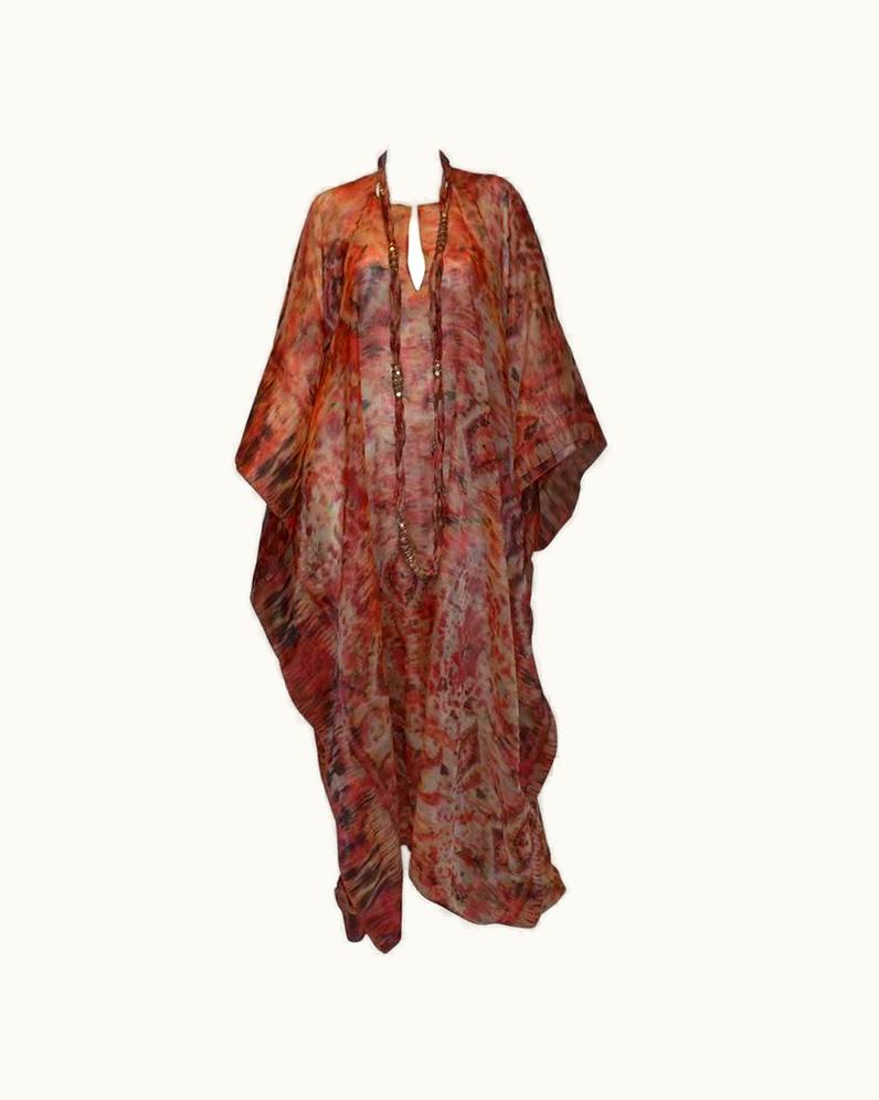 Oscar De La Renta Oscar De La Renta 2009 Red Tan Print Silk Maxi Caftan Dress With Necklace