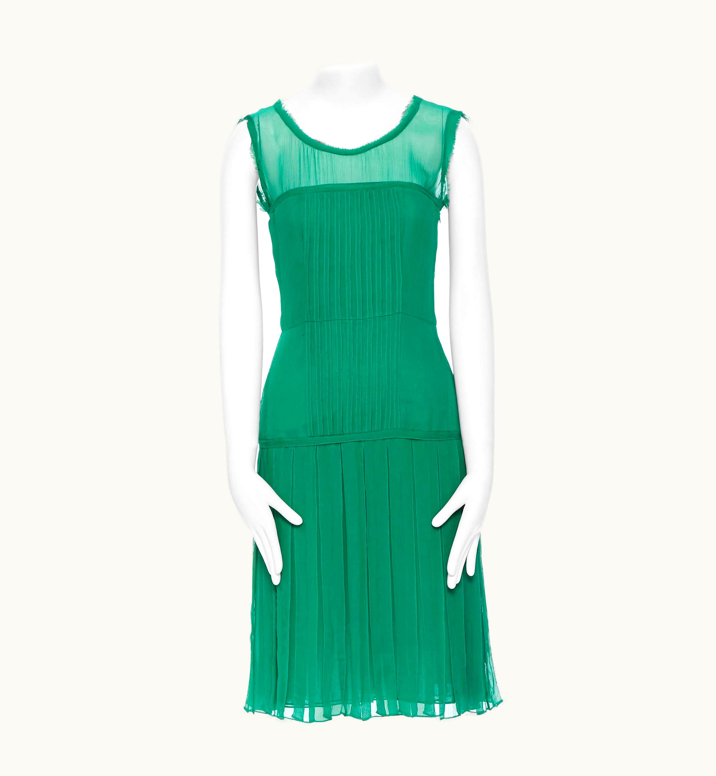 Oscar De La Renta Oscar De La Renta 2011 Kelly Green Silk Pleated Sheer Yoke Cocktail Dress