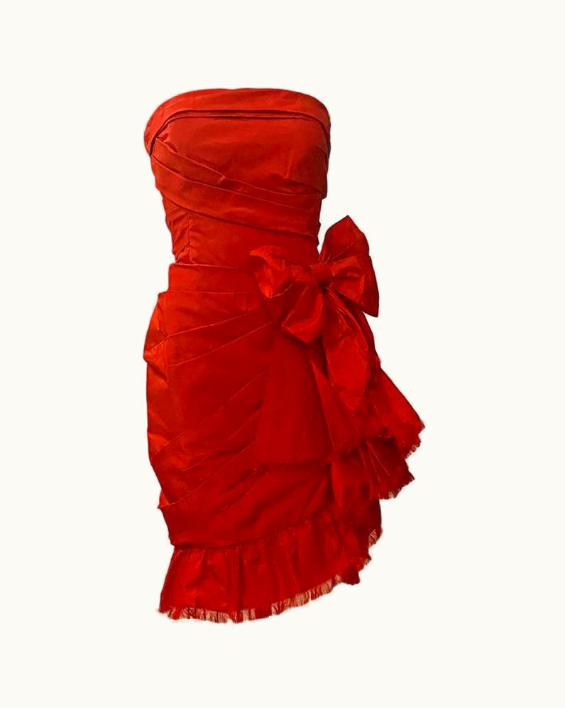 Oscar De La Renta Red Silk Strapless Bow Cocktail Dress 2011