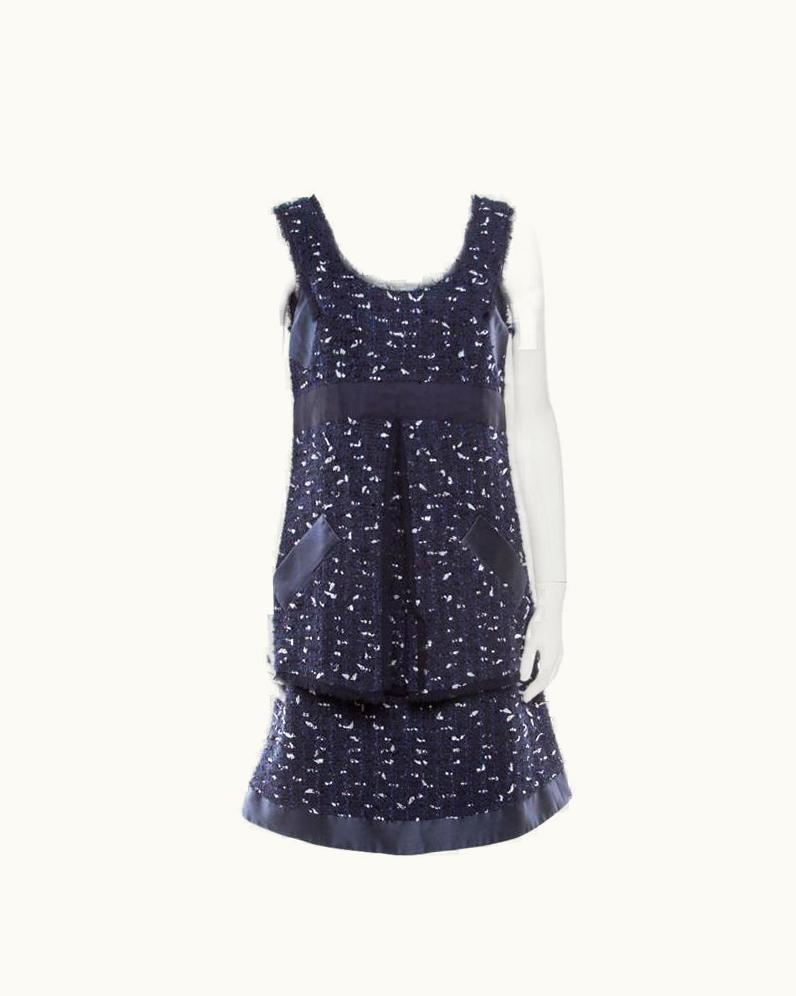 Oscar De La Renta Oscar De La Renta Navy Blue Boucle Tweed Sleeveless Dress