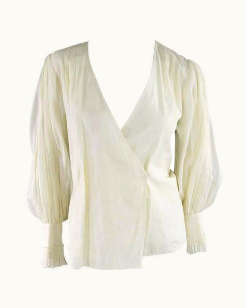 Oscar De La Renta Beige Cotton Pleated Sleeve Wrap Blouse