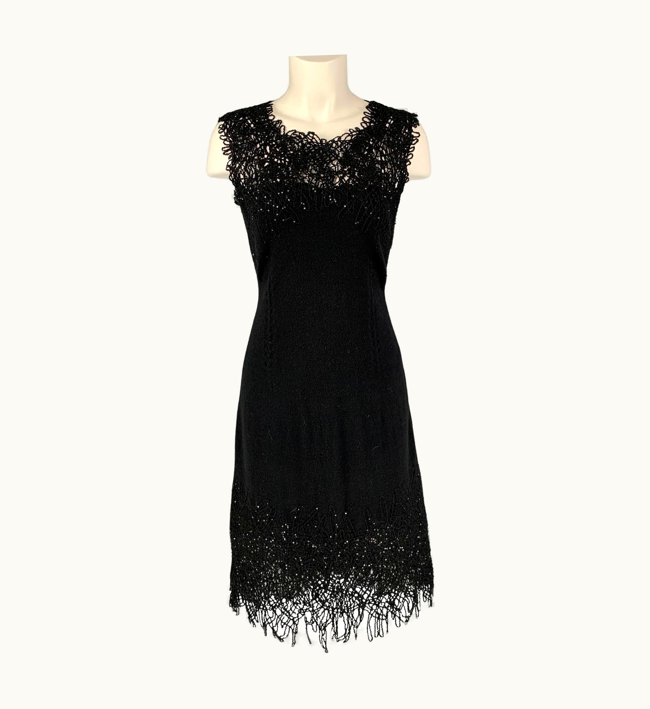 Oscar De La Renta 2012 Black Virgin Wool Blend Sequined Cocktail Dress