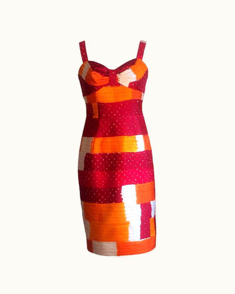 Oscar De La Renta Pf 2012 Red And Orange Patchwork Pencil Dress