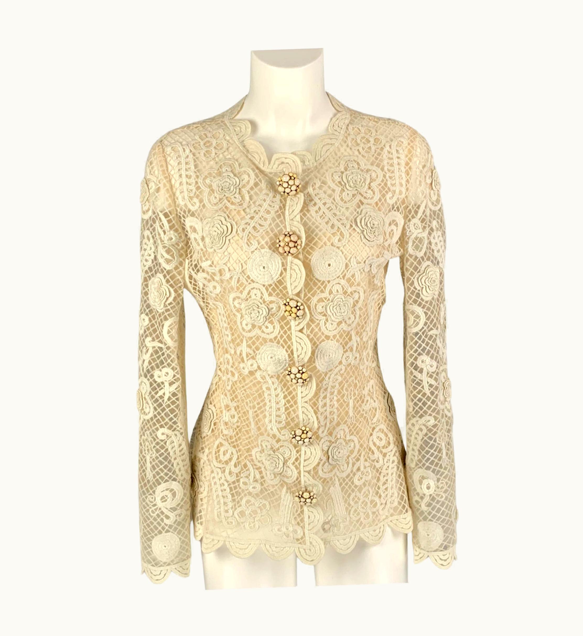 Oscar De La Renta Oscar De La Renta Cream Nylon See Through Blazer