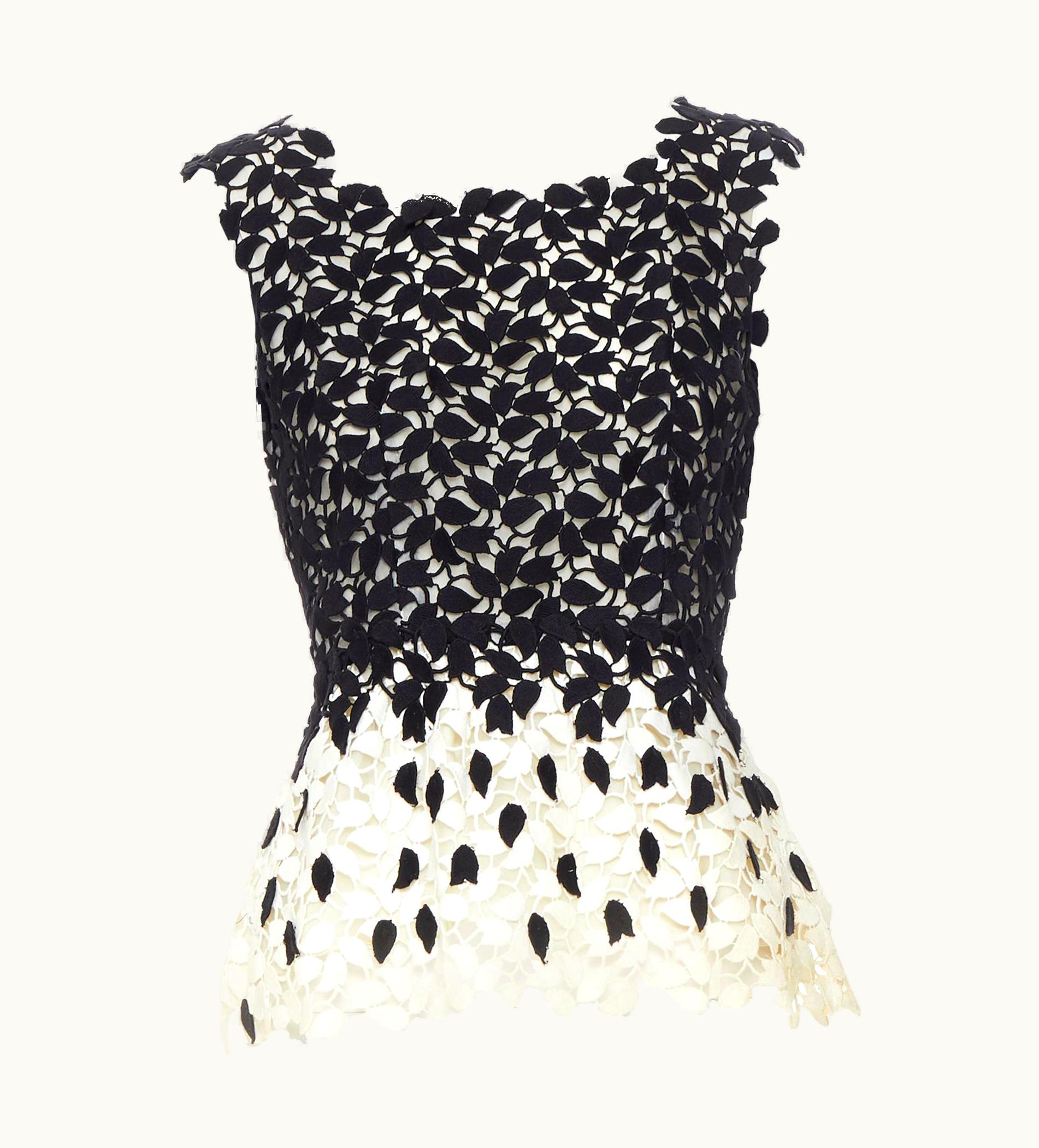 Oscar De La Renta Oscar De La Renta R13 Black White Leaf Embroidery Lace Peplum Evening Top