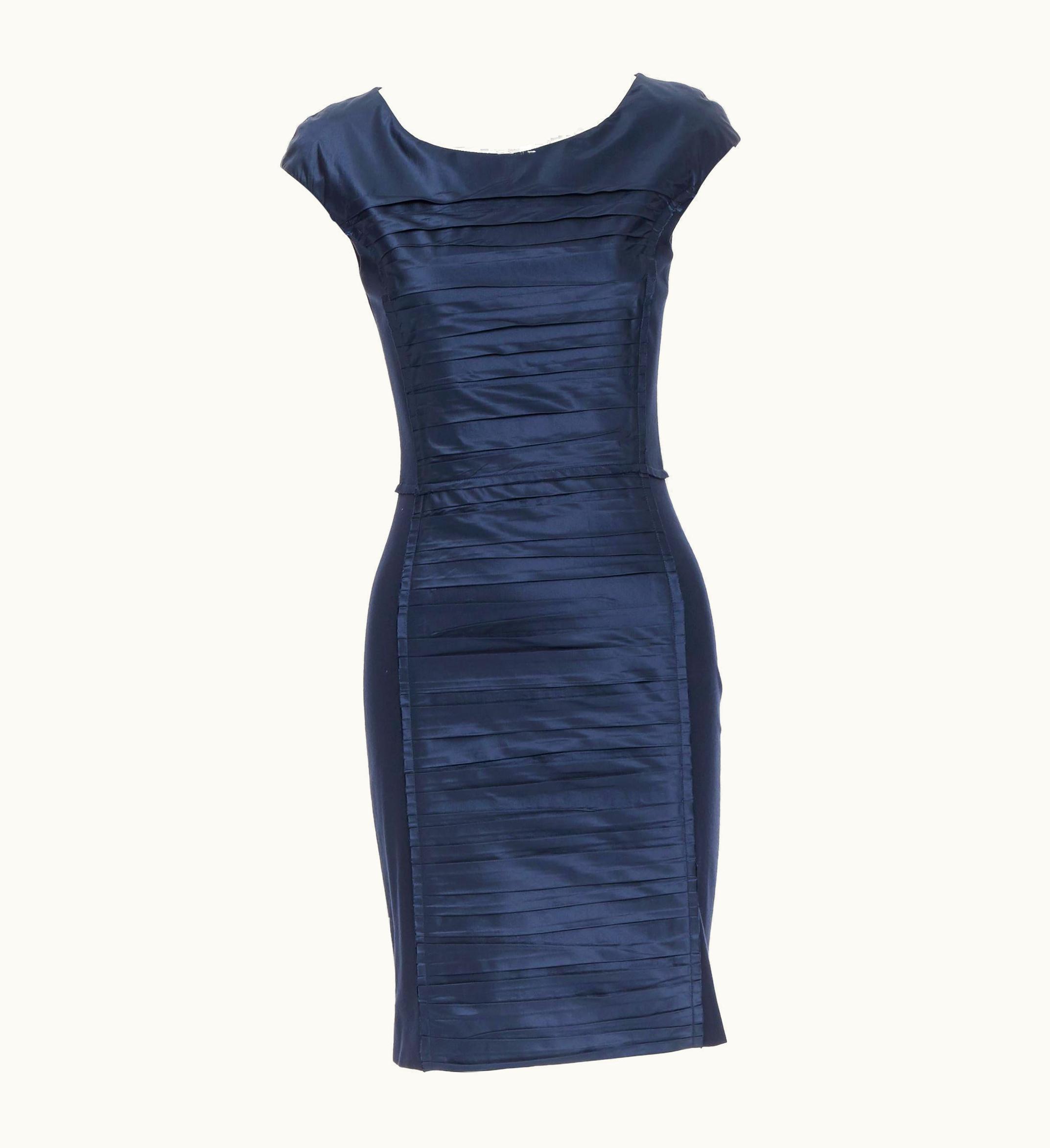 Oscar De La Renta Oscar De La Renta 2014 Navy Blue Pleated Silk Reversed Seams Bodycon Dress