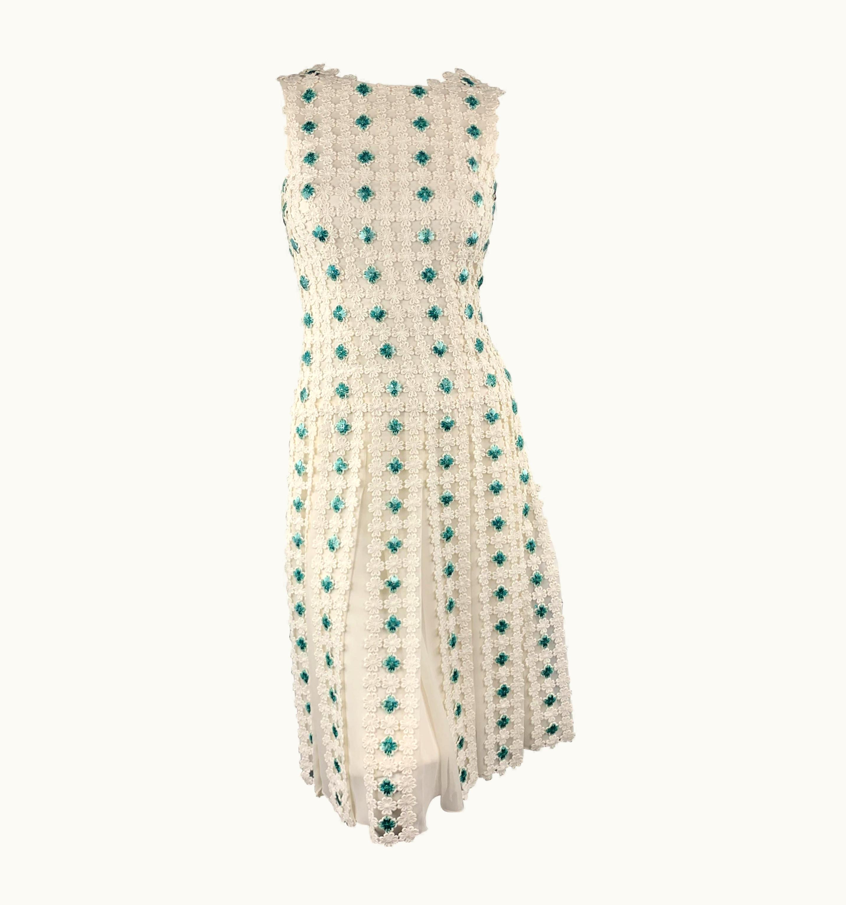 Oscar De La Renta Oscar De La Renta White Turquoise Sewuin Lace Sleeveless Cocktail Dress