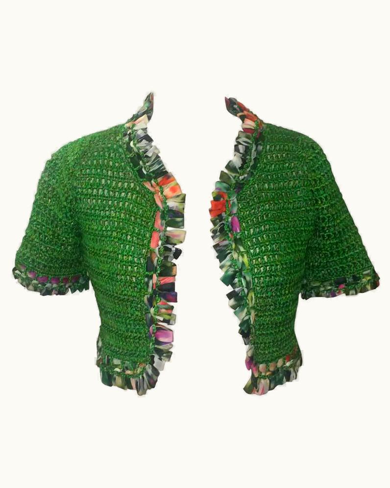 Oscar De La Renta Hand Knit Green Silk Bolero With Ribbon Trim