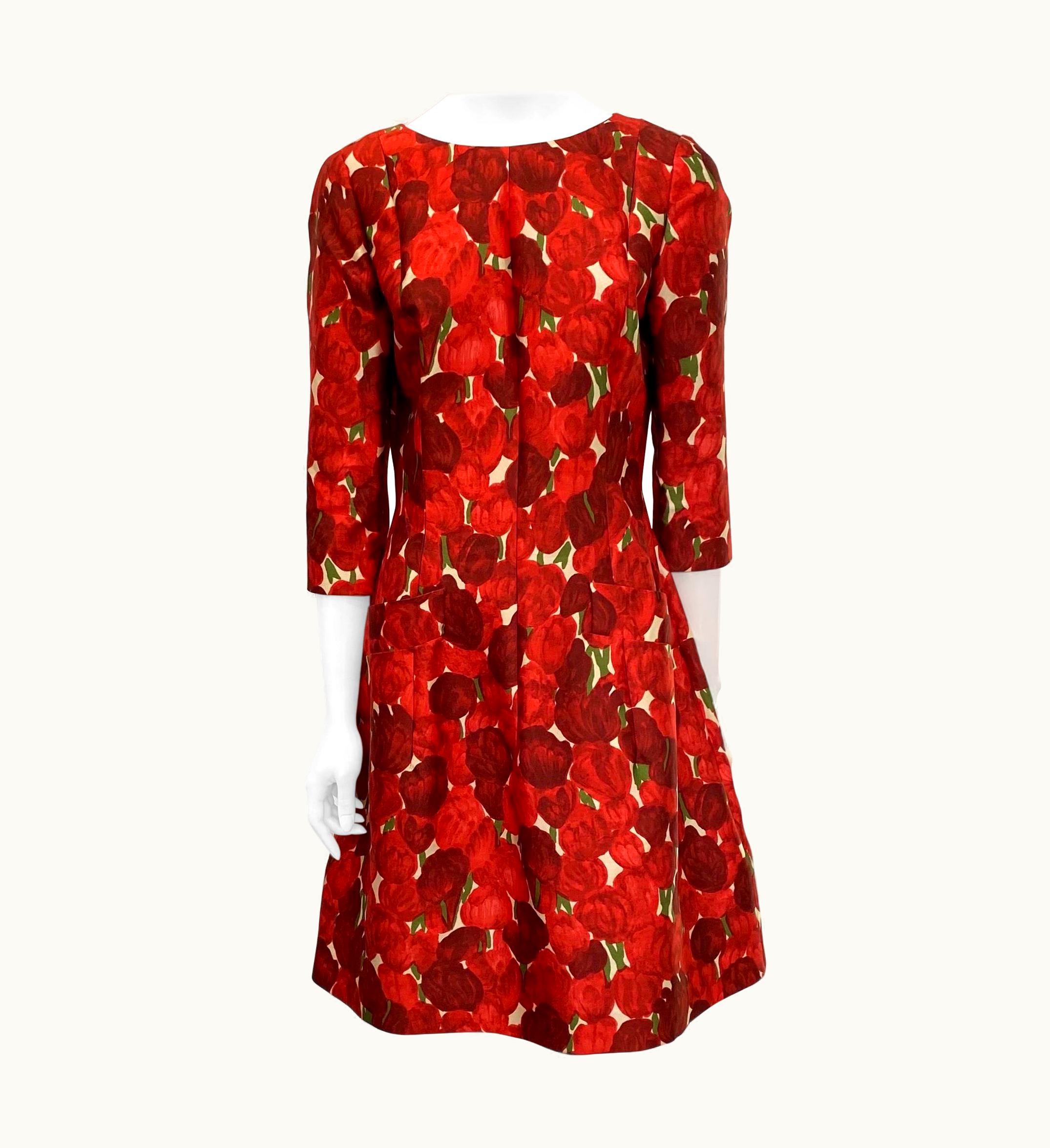 Oscar De La Renta Oscar De La Renta Red Silk Print 3/4 Sleeve Dress